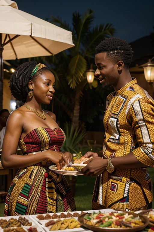 Create a masterpiece picture of a young African couple gorgeously dressed in fine African attires in an outdoor party, They sit behind a well decorated buffet table is in their front. The table contain varieties of African dishes. A live band is playing at the background. The atmosphere is loud and lively. Other people at the background are eating and enjoying the food.  The words "FENDS CUISINE" is boldly written at the back.