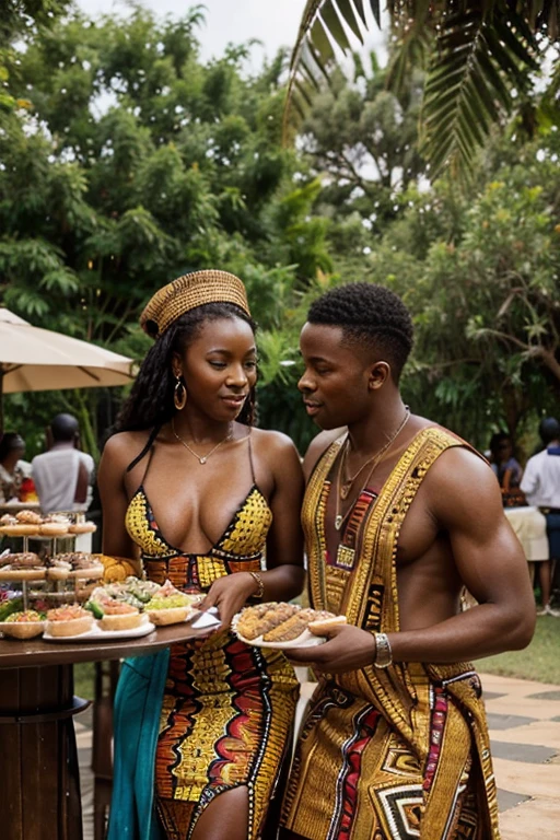Create a masterpiece picture of a young African couple gorgeously dressed in fine African attires in an outdoor party, They sit behind a well decorated buffet table is in their front. The table contain varieties of African dishes. A live band is playing at the background. The atmosphere is loud and lively. Other people at the background are eating and enjoying the food. The words "FENDS CUISINE" is boldly written at the back.