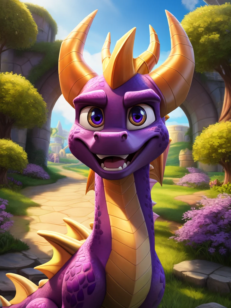 spyro the dragon, detailed extremely , masterpiece, looking viewer, detailed background, happy,