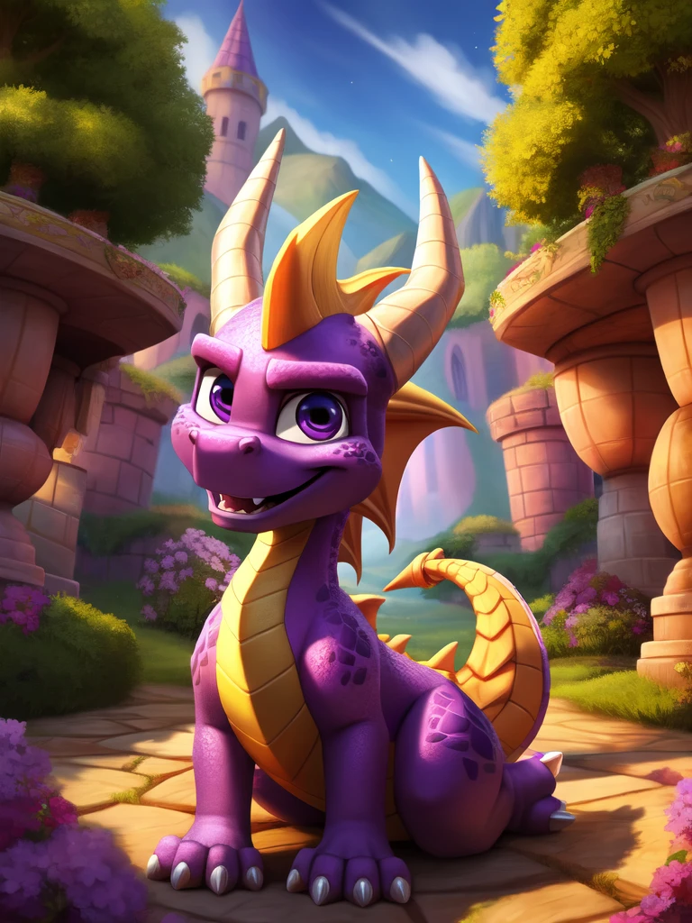 spyro the dragon, detailed extremely , masterpiece, looking viewer, detailed background, happy,