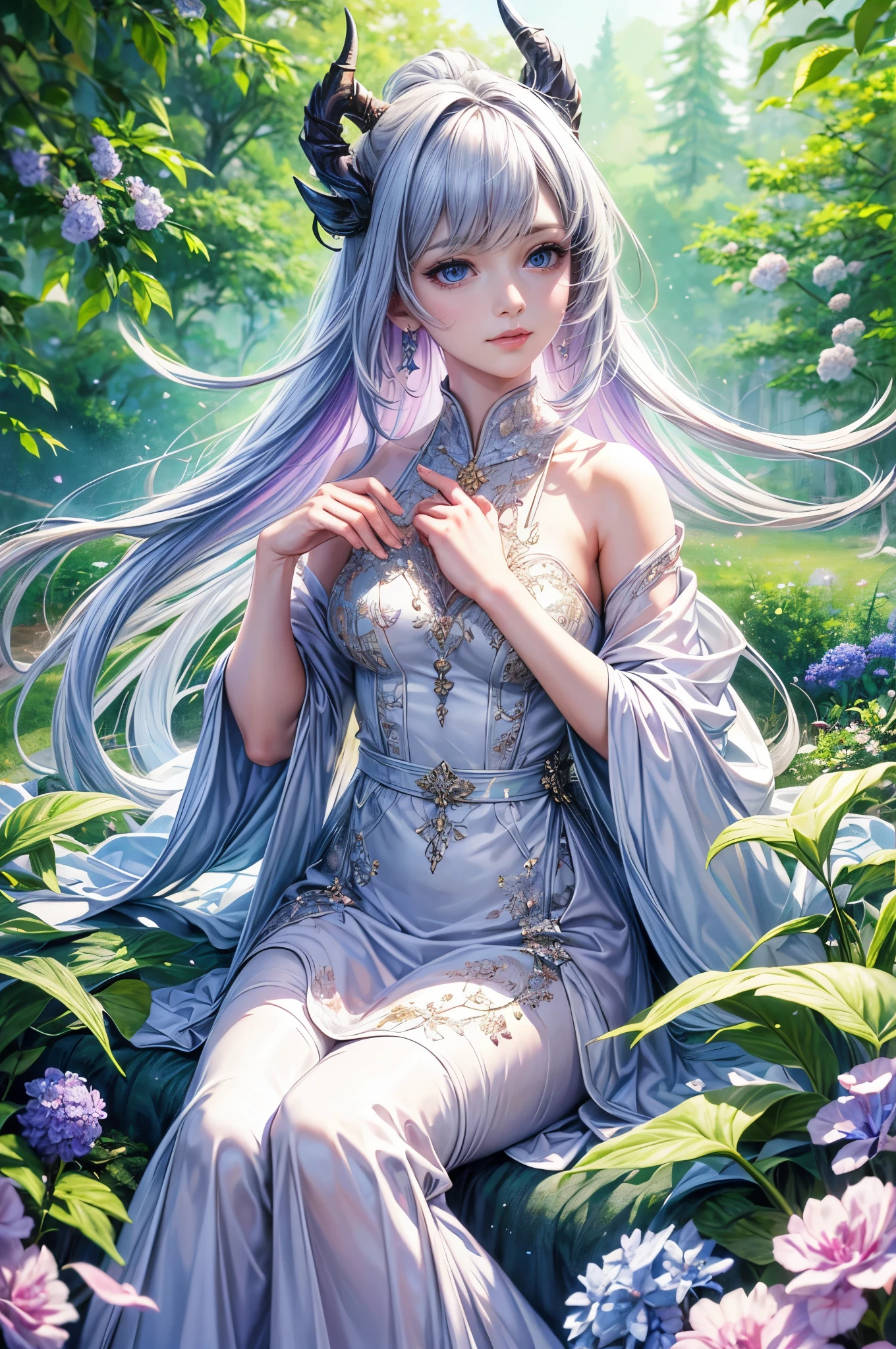 (best quality,4k,highres,masterpiece:1.2),ultra-detailed,realistic,hair:long white,eyes:purple,personification,unicorn,girl,beautiful detailed eyes,detailed lips,feminine,soft expression,fair skin,purple irises,horn,flowing mane,angelic appearance,ethereal,white dress,sparkling crystals,enchanting garden scene,lush greenery,colorful flowers,sunlight filtering through trees,soft bokeh effect,majestic presence,magical atmosphere