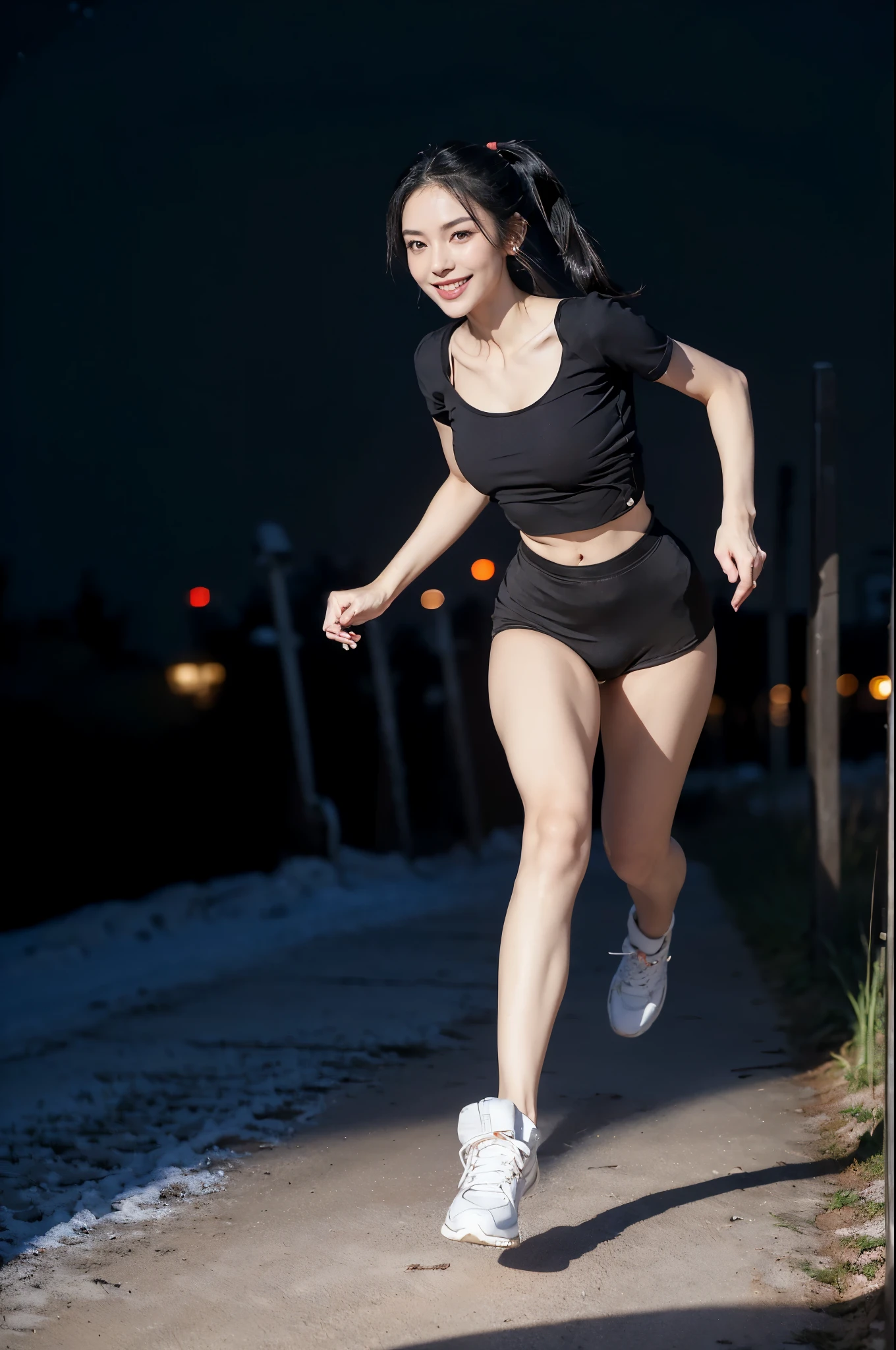 ulzzang-6500-v1.1, (RAW Photos:1.2), (Photorealistic), Beautiful detailed girl, (Genuine: 1.4), (masterpiece), 1 Girl, Photo Model, smile, Focus on the audience, Beautiful lighting, Highest quality, masterpiece, Ultra-high resolution, Realistic, Black Hair, Short tank top, Shorts, Ultra-realistic pantyhose、super Realistic stockings, Medium chest, White skin,( Sunset background:1.4), Running towards me in great excitement、Full Body Shot:1.2, Joy、delight、Happiness、