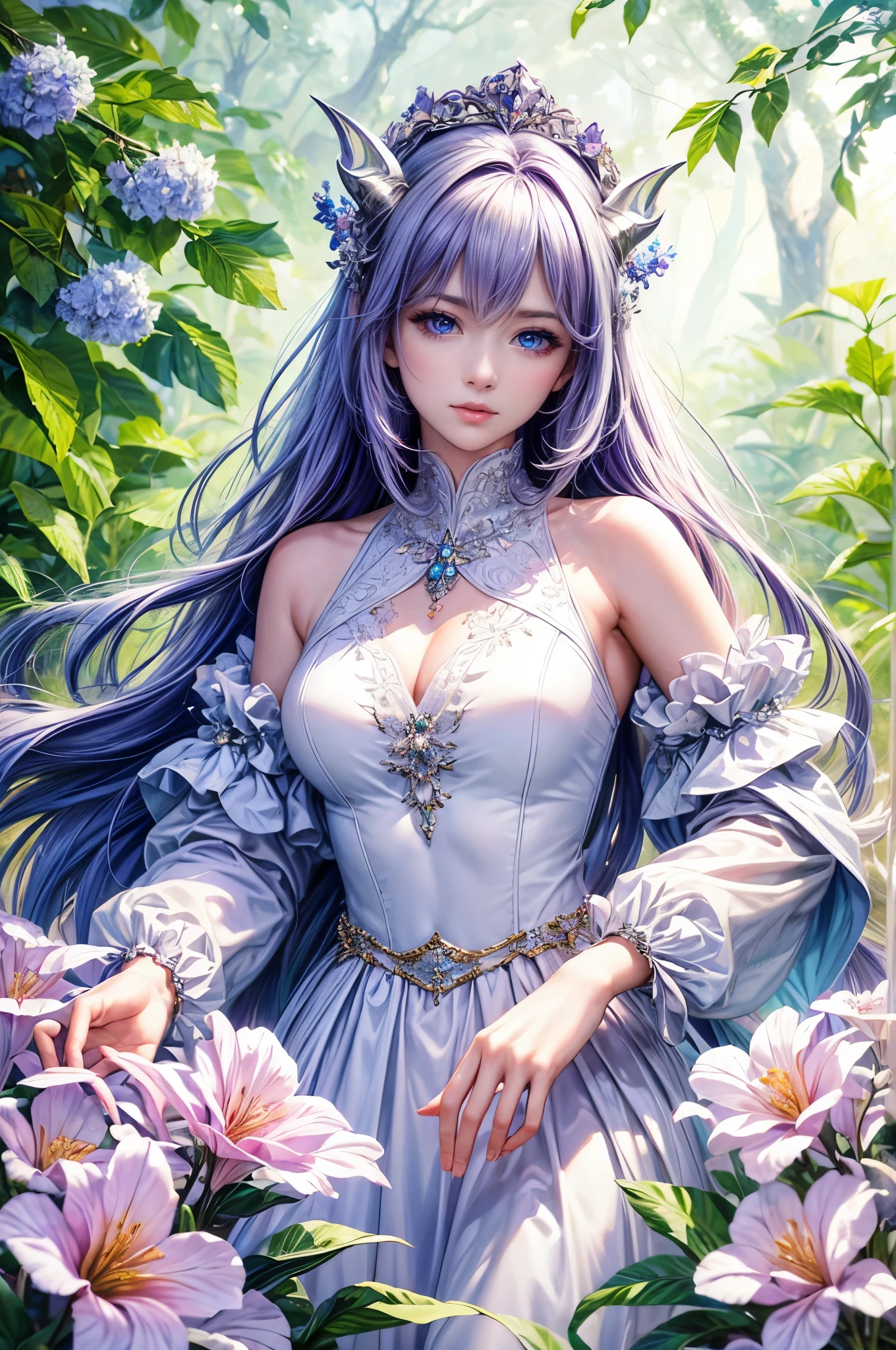 masterpiece,best quality,best quality,Amazing,beautiful detailed eyes,1girl,fine detail,Depth offield,extremely detailed CG unity 8k wallpaper,masterpiece,upper body, pink hair, white floor length slit dress, mature woman, standing, mid bust, silver headdress, smiling, black high heels, extra long hair, body turned to one side, jewelry, blue flowers in hair, gray eyes, close up dressed like Trinity --auto --s2