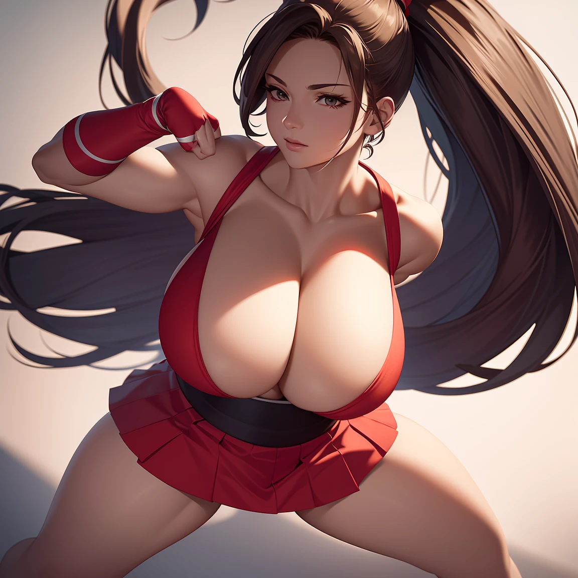 8k, Super details, precise, best quality, masterpiece, Super details, high detail, high quality, best quality, high resolution ，1 girl，huge tits，Healthy and muscular body，Lift up the red split skirt，thong，high ponytail，White analysis，Cool colors