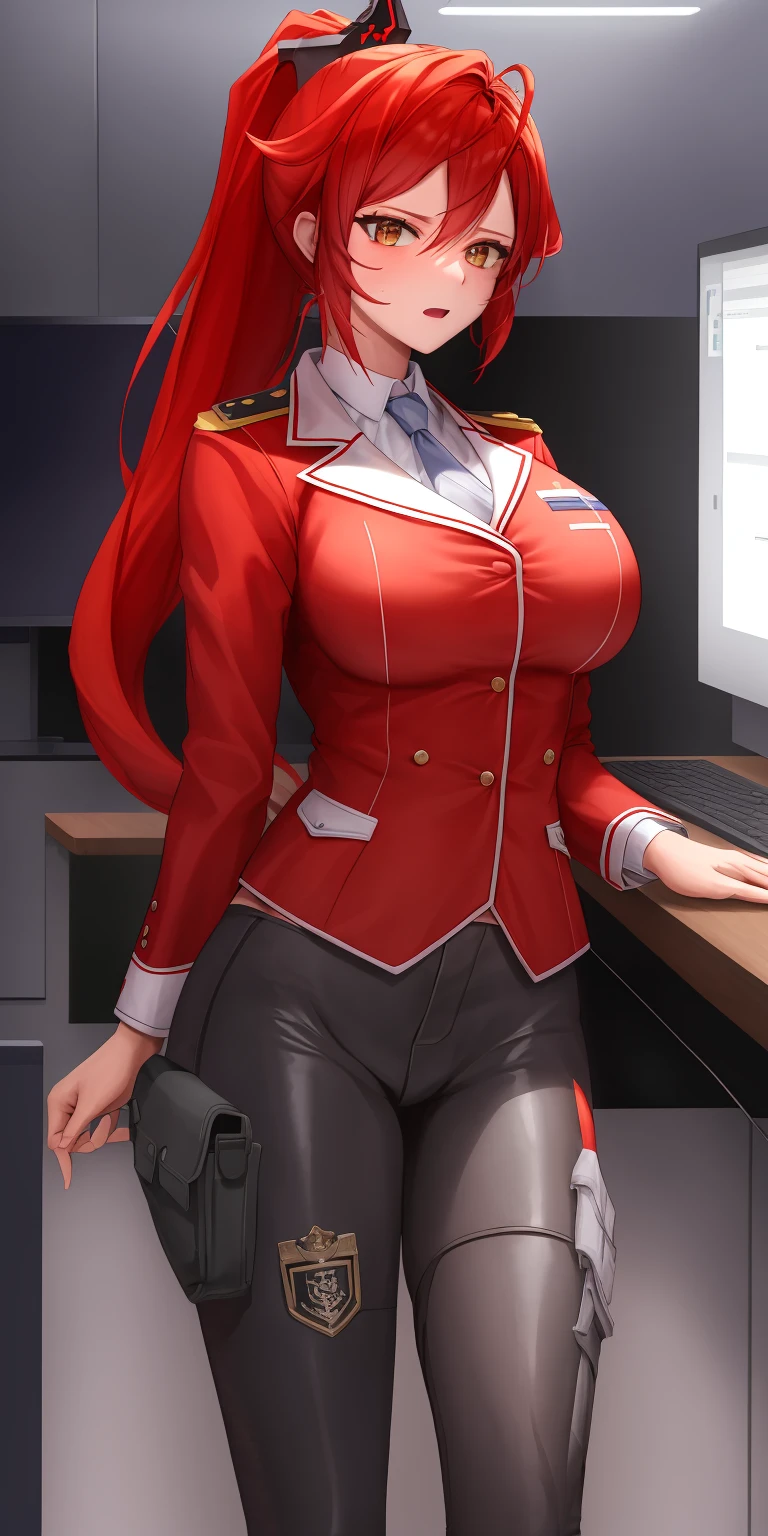 Red_Hood \\(Nikke)\\, Military uniform, (Big breast, Detailed retina, Red hair, ponytail), 4k, winning award, cyber horn, high rank officer, sitting in the office, looking to the viewer