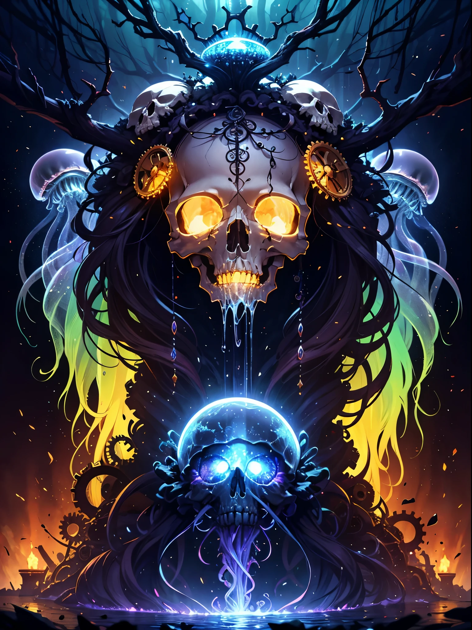 (Best picture quality, 4K, 8K, High resolution, Masterpiece: 1.2), ultra detailed, realistic: 1.37, a close-up of the head of(( A metal skeleton parasitized by a fantastic transparent jellyfish)), an altar composed of abstract twisted roots pulling a very large (mysterious skull made of metal), glowing eyes, a spooky waterfall above the skull, (rainbow, rainbow around the skull), full of energy, circular composition illustrates the effects of various structural forces, alone, (steampunk decorative elements, gear, and other elements). Pointers, chainantastic decorative combinations,