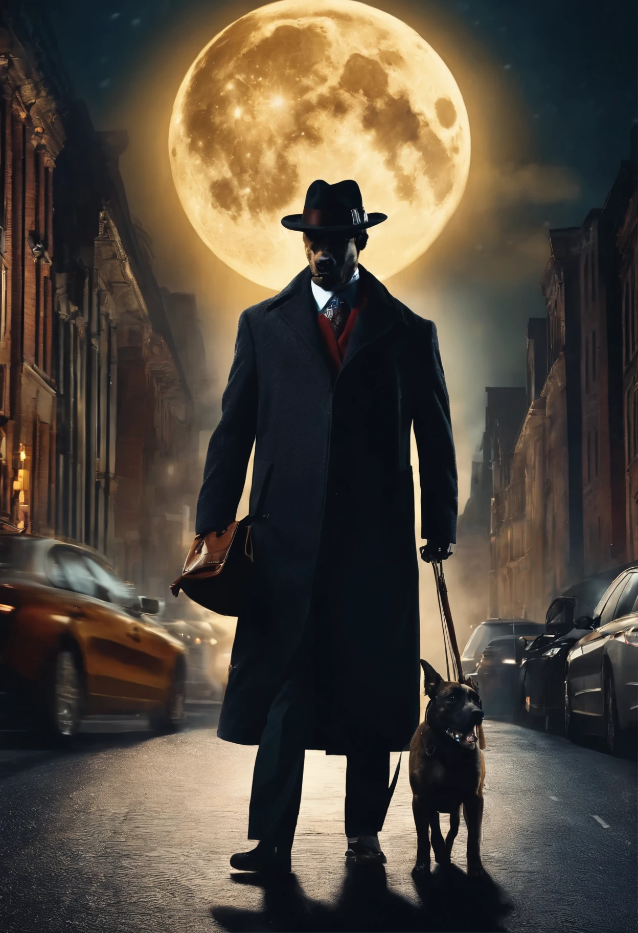 A DOG WEARING AN OVERCOAT, DETECTIVE STYLE, WEARING A HAT, HOLDING A LUGGAGE, WALKING ON A FULL MOON NIGHT THROUGH THE BIG CITY