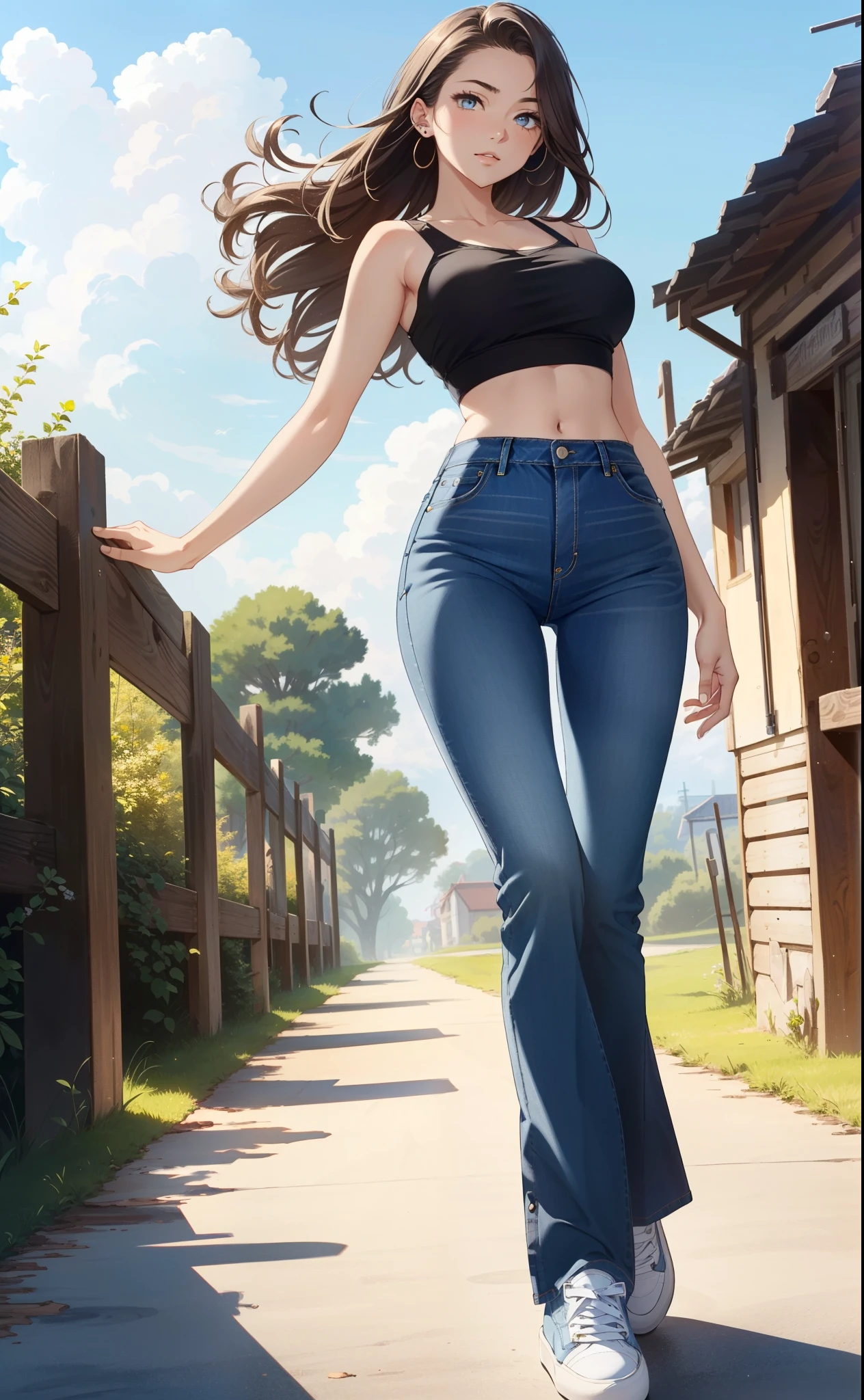 masterpiece, extremery magnificent view, perspective, extremery best quality, extremery detailed CG, 8k wallpaper, ultra high resolution, highly detailed face, highly detailed eyes, perfect anatomy, super detailed skin, not safe for work,
(dynamic angle), (dynamic pose:1.2), outdoors, rural town, (legs focus), (full body shot:1.2), (beautiful face), (beautiful eyes), (beautiful legs:1.3),
1girl, 20-year-old, European woman, (brown hair), wavy hair, bra lenght hair, forehead, blue eyes, large breast, (black croptop:1.4), skinny, wide hips, thin waist, (wide flares jeans:1.4), (sky blue jeans:1.4), (white sneakers:1.4)