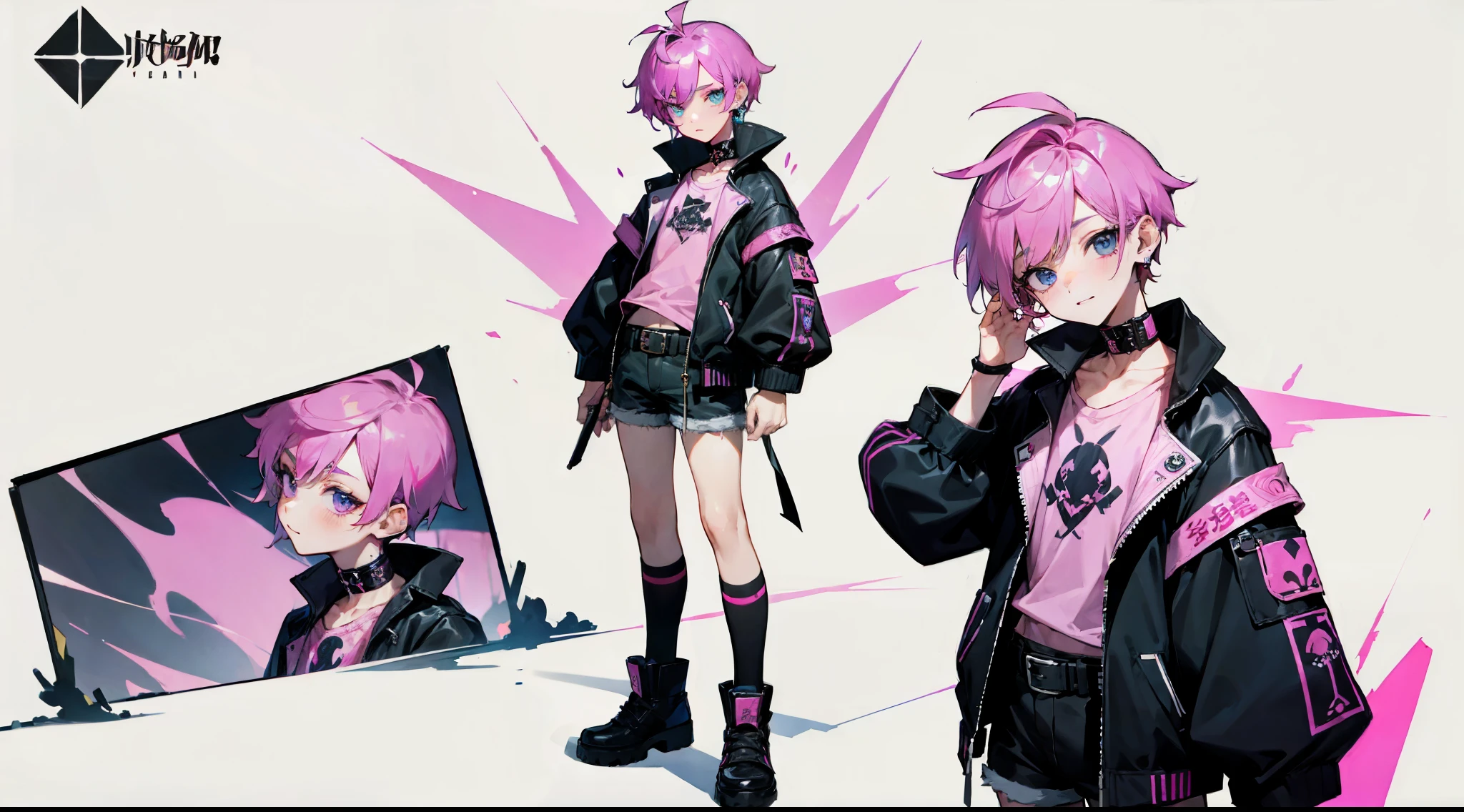 重画涂鸦,((杰作)),((((最好的品质))),(角色设计表,相同的字符,临街面,侧面,背部),可爱男生参考表,微笑,详细的发型,白色背景:1.unk style:1.5, punk fashion, punk aesthetics, punk rock, punk attitude),kpop young age boy with fade cut dark pink hair with white earring on his right ear, open jacket with dark blue shirts, cute smile, black ripped shorts and a large belt-buckle, paint background, popstar, has messy pink emo hairstyle. He has a normal Putt Putt Troll appearance overall, (pink and dark crystal broken glass mirror background)