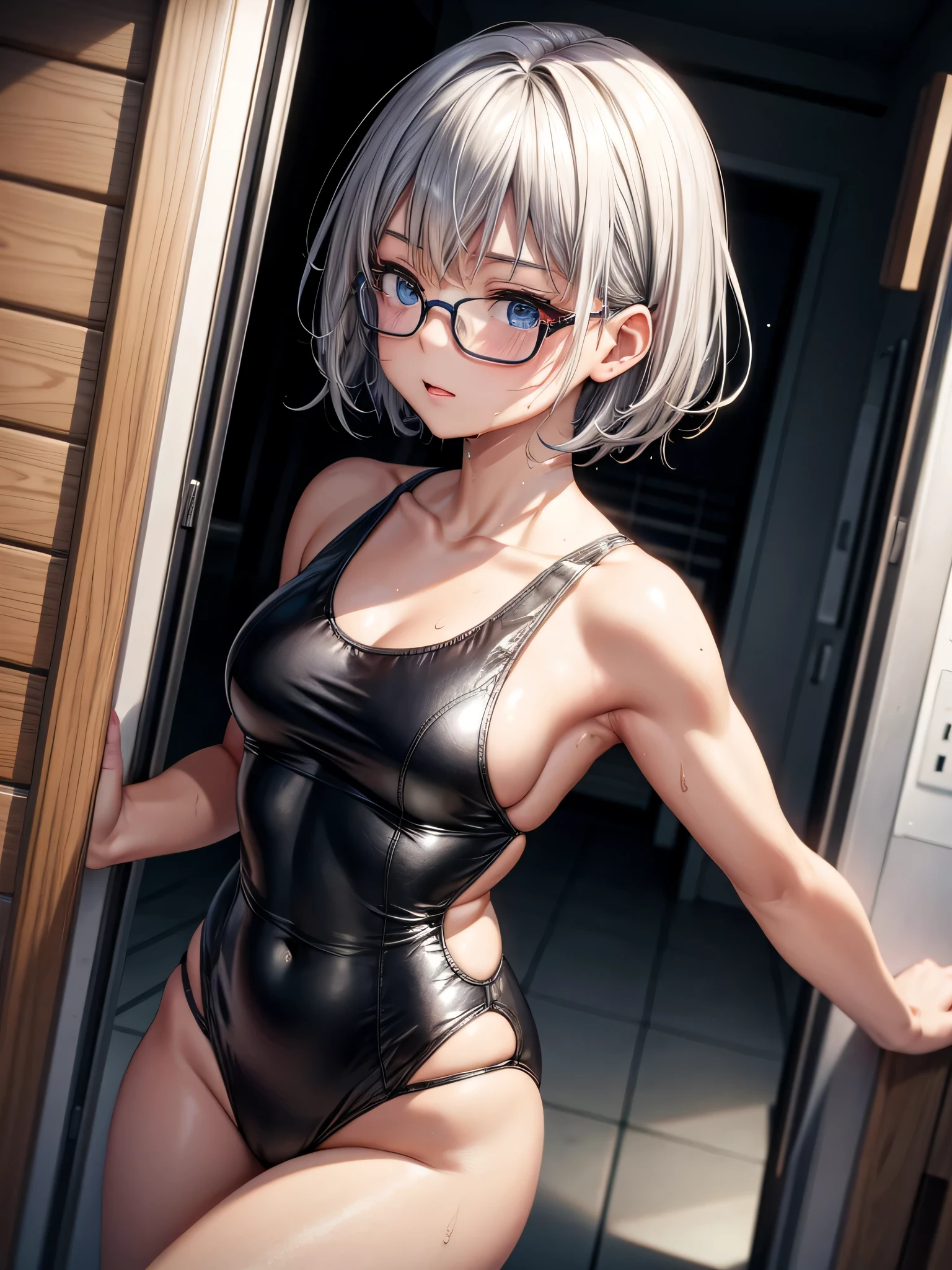 Top quality 8K UHD、Glasses、Wet silver metallic one piece swimsuit、wet silver metallic swimsuit、Glasses、short hair、Glassesをかけた短髪の銀髪美女、Glassesをかけた大人で短髪の銀髪美女、torn ABS、sweaty、soaking wet、angle from below, oily skin,