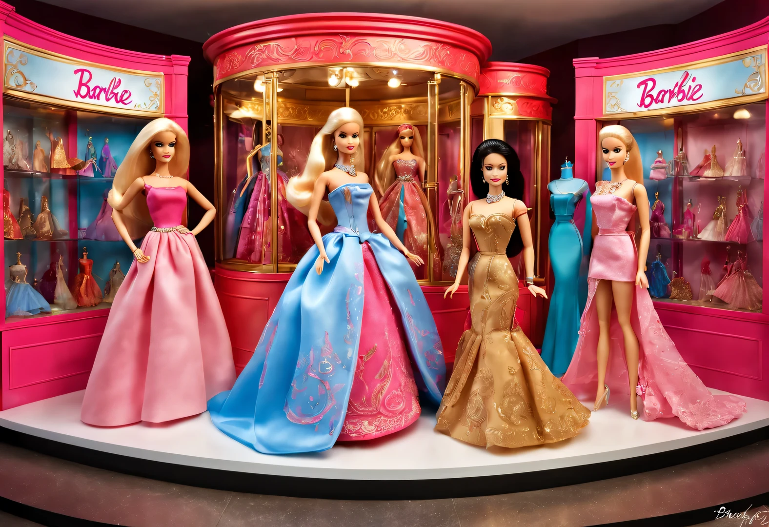 The Barbie dolls in the street corner glass showcase are set in European classical red, pink, blue, and gold backgrounds. The showcase features retro carvings with delicate patterns, showcasing a variety of Barbie princess collections. Each doll dressed in gorgeous and exquisite clothing, accompanied by exquisite jewelry and shoes, Barbie doll accessories, various clothing, shoes, jewelry, etc., with 3D rendering, cartoon style, and photography
