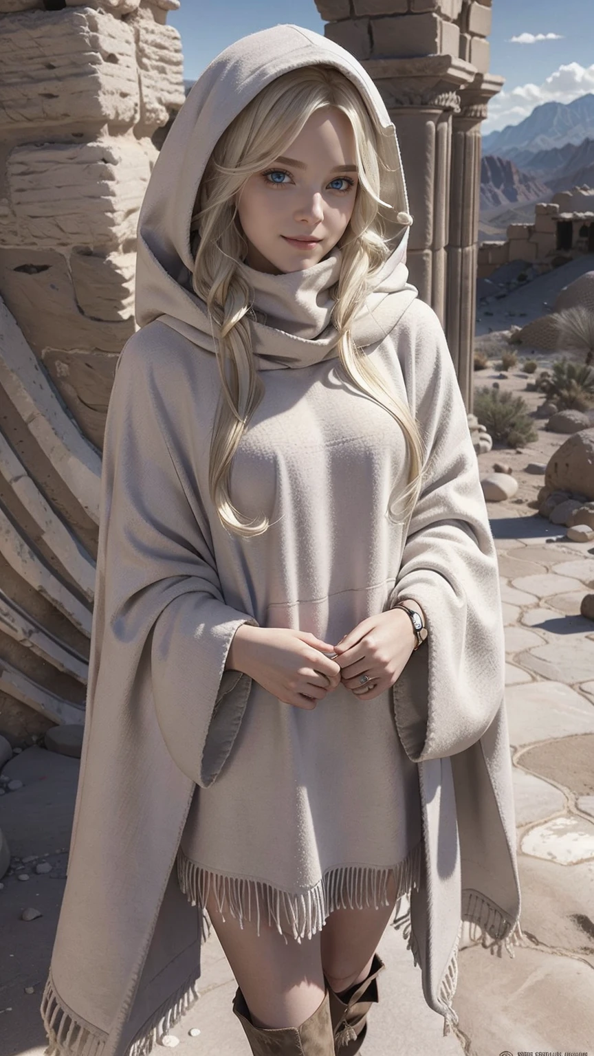 22 year old white female、hair color is blonde、blue eyes、long hair、The ends of the hair are wavy、hair is set、accessories on wrist、wears a cloak that covers the entire body、wearing a hood、wearing a muffler、covering the mouth with a muffler、Inside a ruin lined with columns in the desert、smile、hand on stone pillar