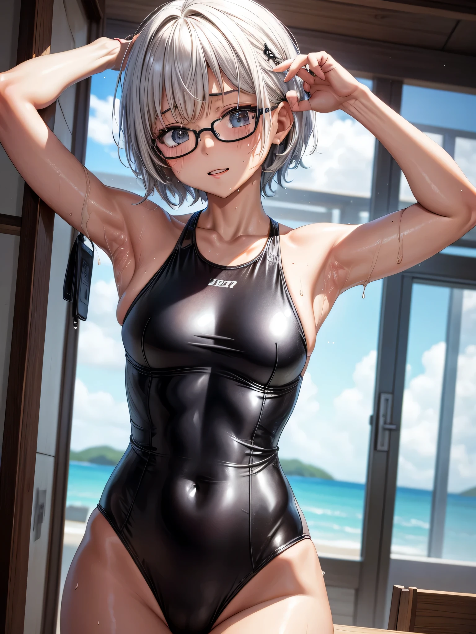 Top quality 8K UHD、Glasses、Wet white metallic one piece swimsuit、wet white metallic swimsuit、Glasses、short hair、Glassesをかけた短髪の銀髪美女、Glassesをかけた大人で短髪の銀髪美女、torn ABS、sweaty、soaking wet、angle from below, oily skin,