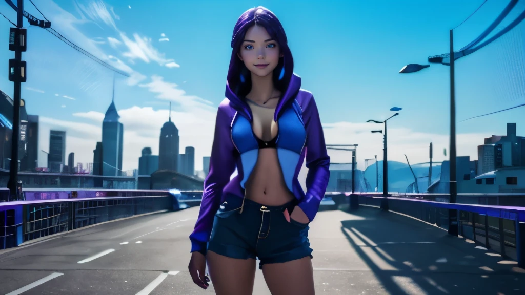 (Best quality), 1girl wearing a purple and blue hoodie and blue jeans shorts, smiling, blue eyes large breasts, sexy fit body figure, solo looking at viewer, long hair, blue and purple neon colors with a city in the background on a bridge