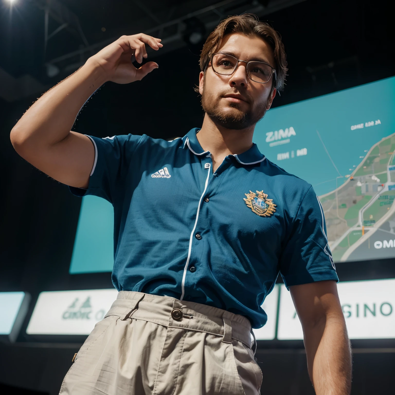 Create a 3D illustration of an animated character speaking to a crowd, com o nome "Campo Largo" personagem tem cabelo penteado a direita, thin square glasses, usando terno cinza, camisa branca, gravata azul com bolinhas brancas. The background is a LED screen, with presentation of the map of the "Parana", com seta para cima, com uso do nome "ISAC LIMA" e uma foto de perfil com 900k, que corresponde ao personagem animado Mike speak.