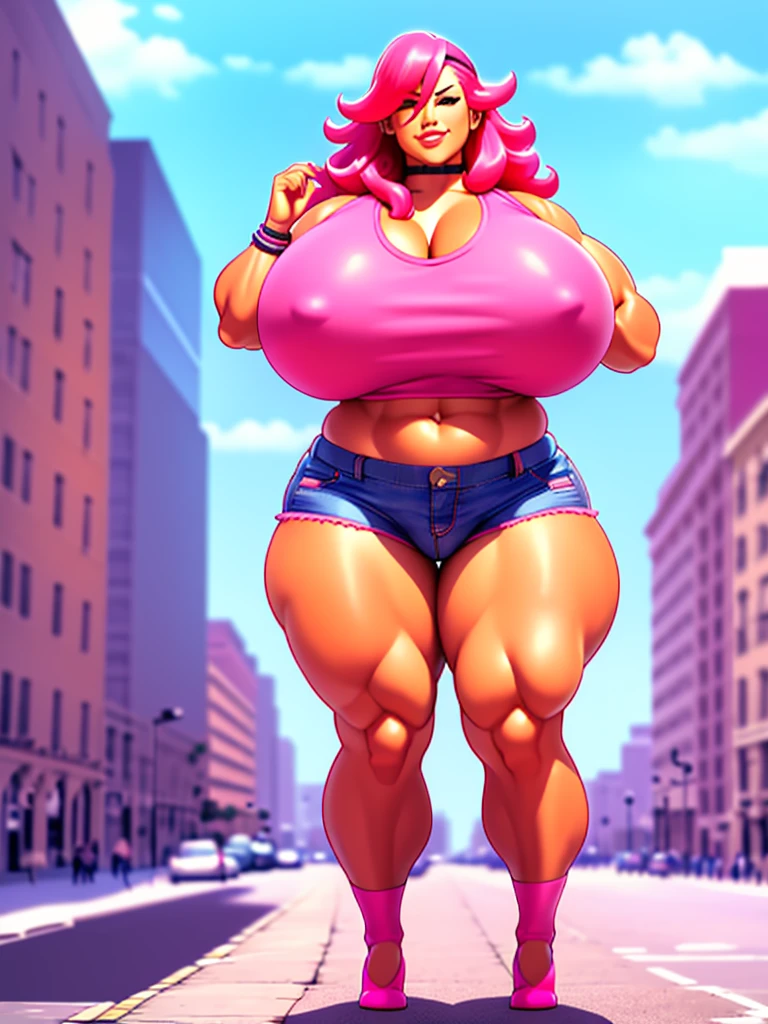 1960's, Living inflatable, poison, luxurious long and thick pink hair, wearing a stars and stripes bandana, wearing long jean jacket with anime t-shirt with logo, (plaid miniskirt), platform sneakers, knee high socks, floating, (((hyper breasts))), (((muscle expansion))), (((muscular legs))), (((bodybuilder))), long thick erect girthy futanari huge penis, pleasurable look on face while hands stroke penis