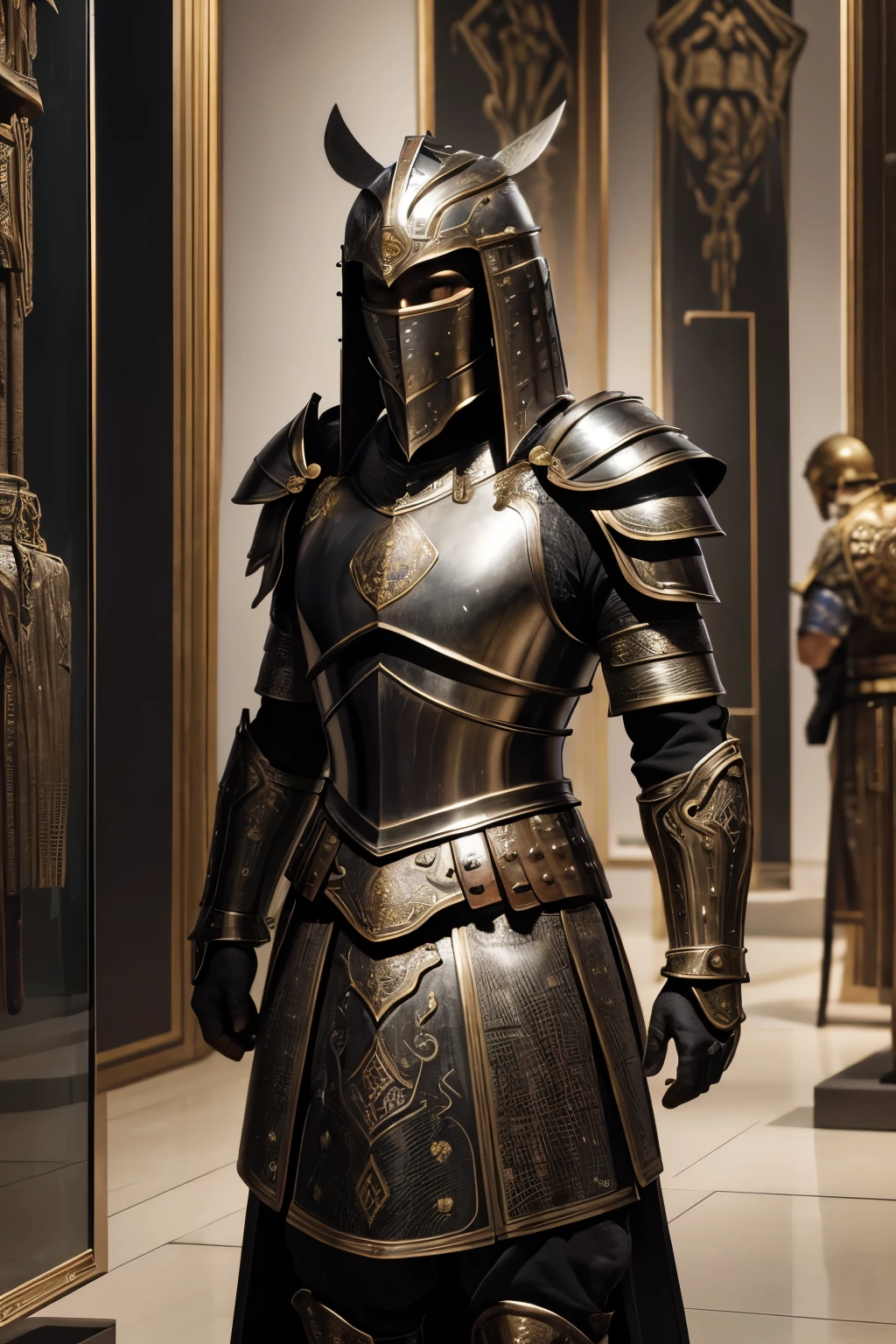 best quality,ultra-detailed,masterpiece:1.2,realistic,ancient warrior armor in museum,iron,metallic,exhibition,showcase,display,artifacts,ancient relics,defense object,protective gear,suit,protection,history,warrior's heritage,heritage of the past,defense tool,archaeological find,cultural preservation,durable material,ancient craftsmanship,historical significance,detailed engravings,reflective surface,glossy texture,museum lighting,vivid colors,dark shadows,art interpretation