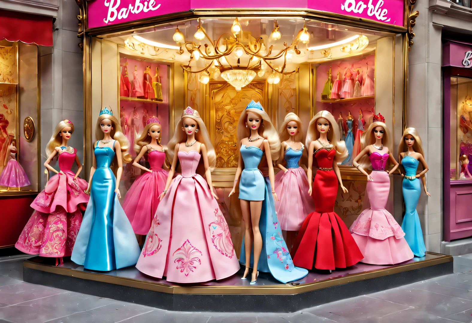 The Barbie dolls in the street corner glass showcase are set in European classical red, pink, blue, and gold backgrounds. The showcase features retro carvings with delicate patterns, showcasing a variety of Barbie princess collections. Each doll  dressed in gorgeous and exquisite clothing, accompanied by exquisite jewelry and shoes, Barbie doll accessories, various clothing, shoes, jewelry, etc., with 3D rendering, cartoon style, and photography