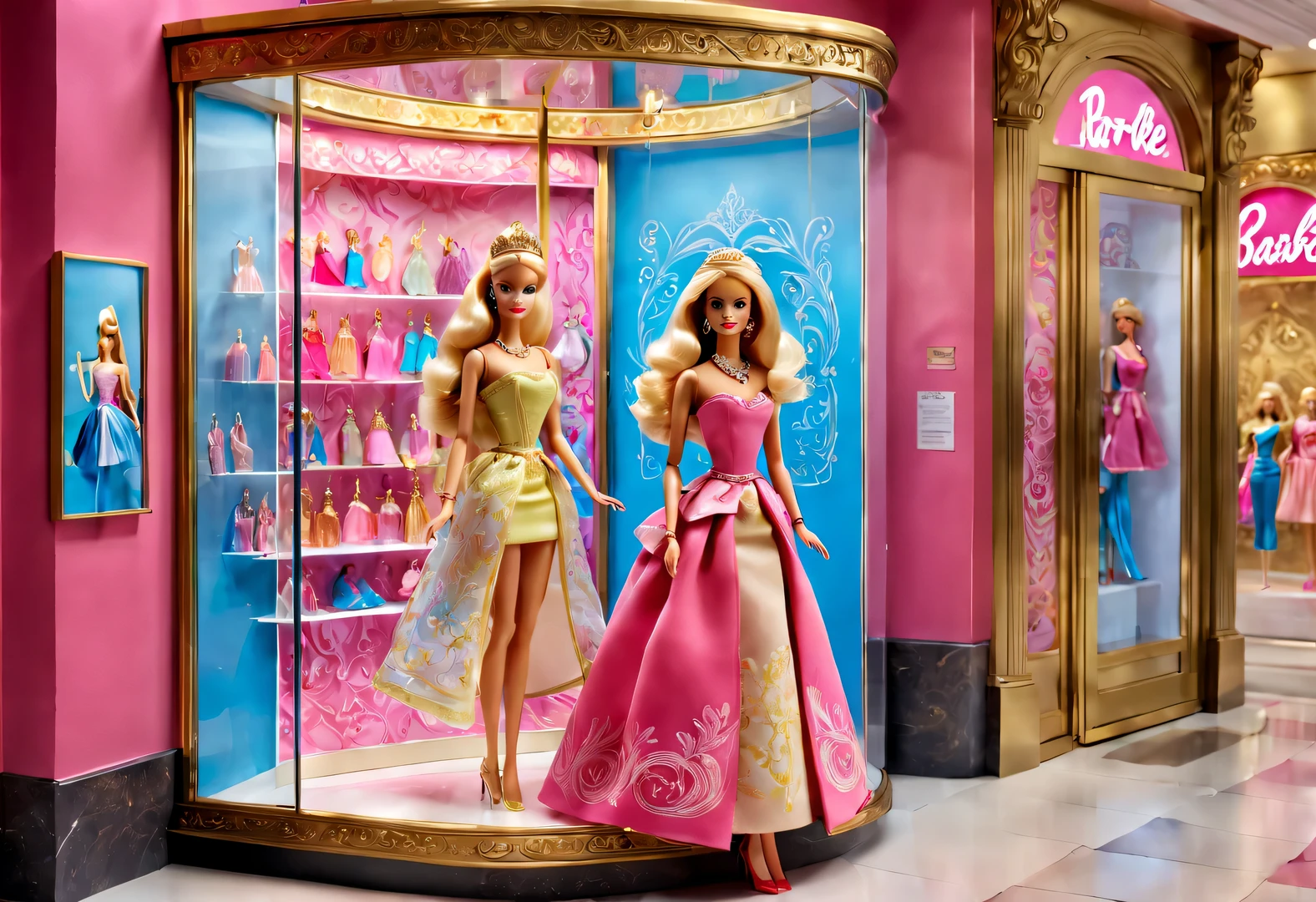 The Barbie dolls in the street corner glass showcase are set in European classical red, pink, blue, and gold backgrounds. The showcase features retro carvings with delicate patterns, showcasing a variety of Barbie princess collections. Each doll  dressed in gorgeous and exquisite clothing, accompanied by exquisite jewelry and shoes, Barbie doll accessories, various clothing, shoes, jewelry, etc., with 3D rendering, cartoon style, and photography