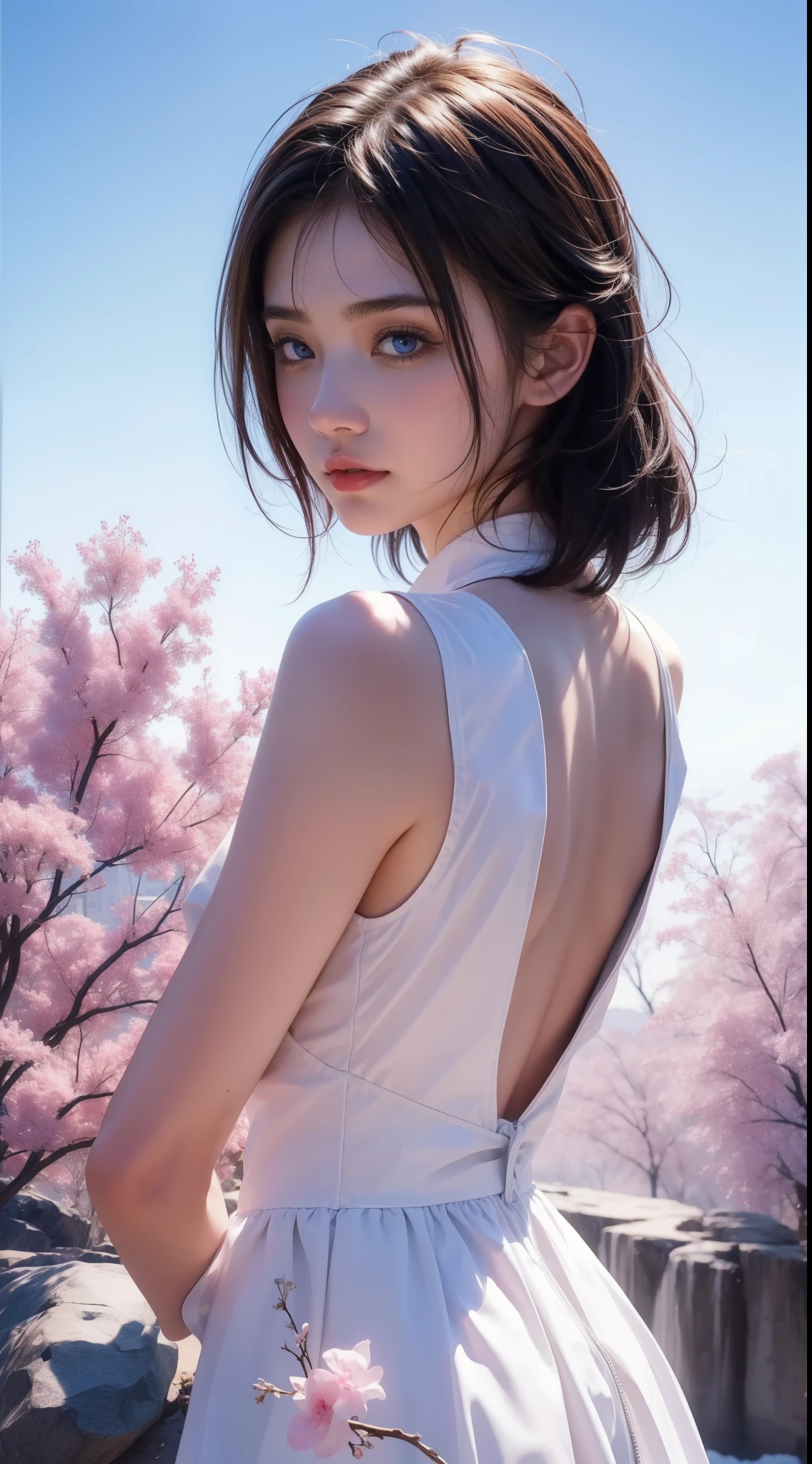skistyle, 1girl, solo, pink hair, animal ears, blue eyes, wings, looking at viewer, mole, bangs, short hair, bow, sailor collar, background, white sailor collar, mole under mouth, hair bow, pink bow, closed mouth, shirt, white shirt, bear ears, bob cut, mini wings, grey background, portrait, detached wings, makeup, upper body, white background