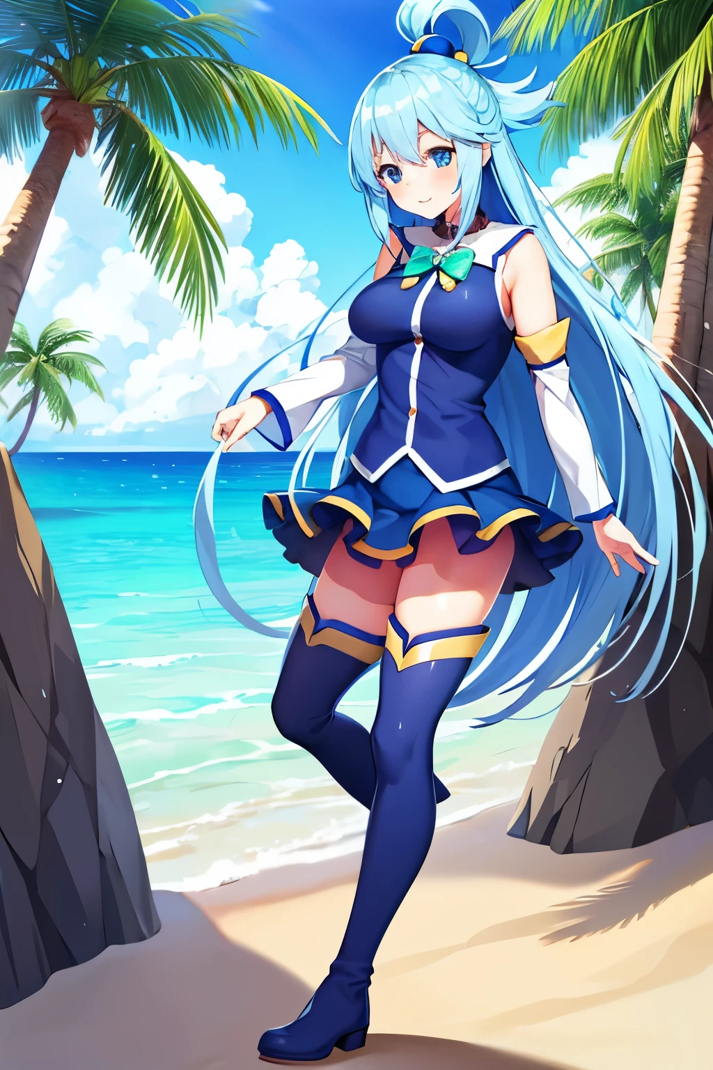 aqua \(konosuba\), mksks style, (very detailed background:1.0), (highly detailed background:1.0), {Masterpiece}, High Quality, 1girl, blue eyes, blue footwear, blue hair, blue thighhighs, blush, boots, breasts, bubble, detached sleeves, hair ornament, hair rings, leg up, long hair, looking at viewer, medium breasts, open hand, single hair ring, skirt, smile, solo, standing, standing on one leg, thigh boots, thighhighs, very long hair, water, white thighhighs, kono subarashii sekai ni shukufuku wo!,beach, warm atmosphere,in the sand