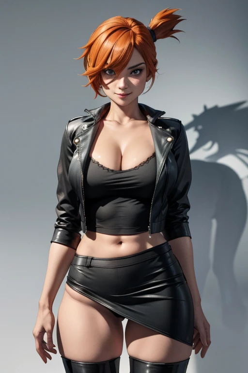 Pose de modelo sexy, obra de arte, melhor qualidade, high resolution, 1 garota, (Pokémon), cabelo laranja, Sozinho, rabo de cavalo lateral, Athletic body, cabelo laranja, barriga, black shirt, cleavage, leather jacket, open jacket, leather skirt, knee-high black leather boots, umbigo, cabelo curto, sorriso, seios grandes,  perfect detailed hands, tiro de corpo inteiro, cidade, high resolution, very high resolution, 1080P, 4k, 8k, 16k, muito detalhado, realista, 8k, Cinema 4D, Arte extremamente detalhado, [ Arte Digital 4K ]