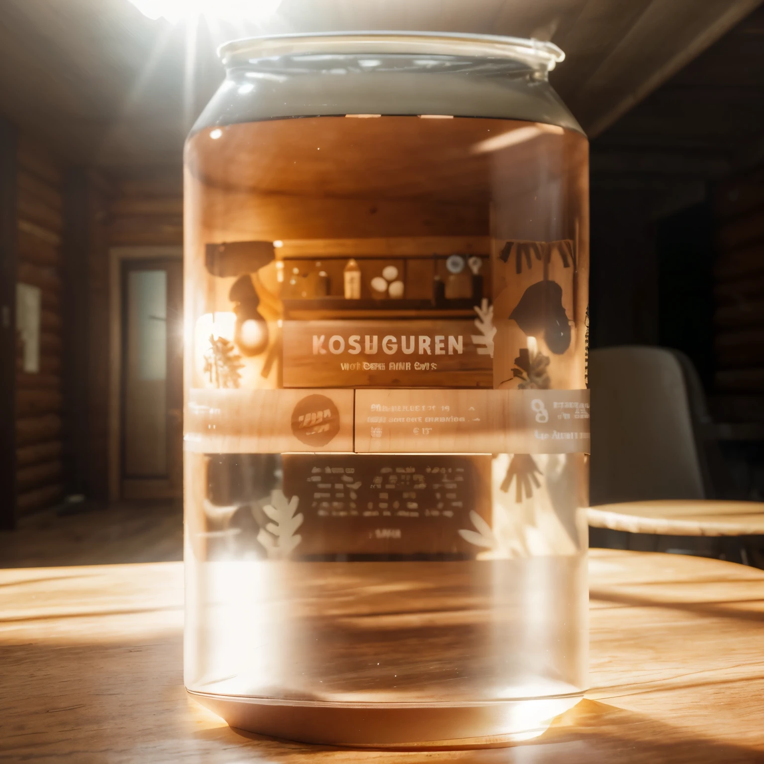 transparent plastic can on a wooden table, inside a cabin, photorealistic, dinamic light
