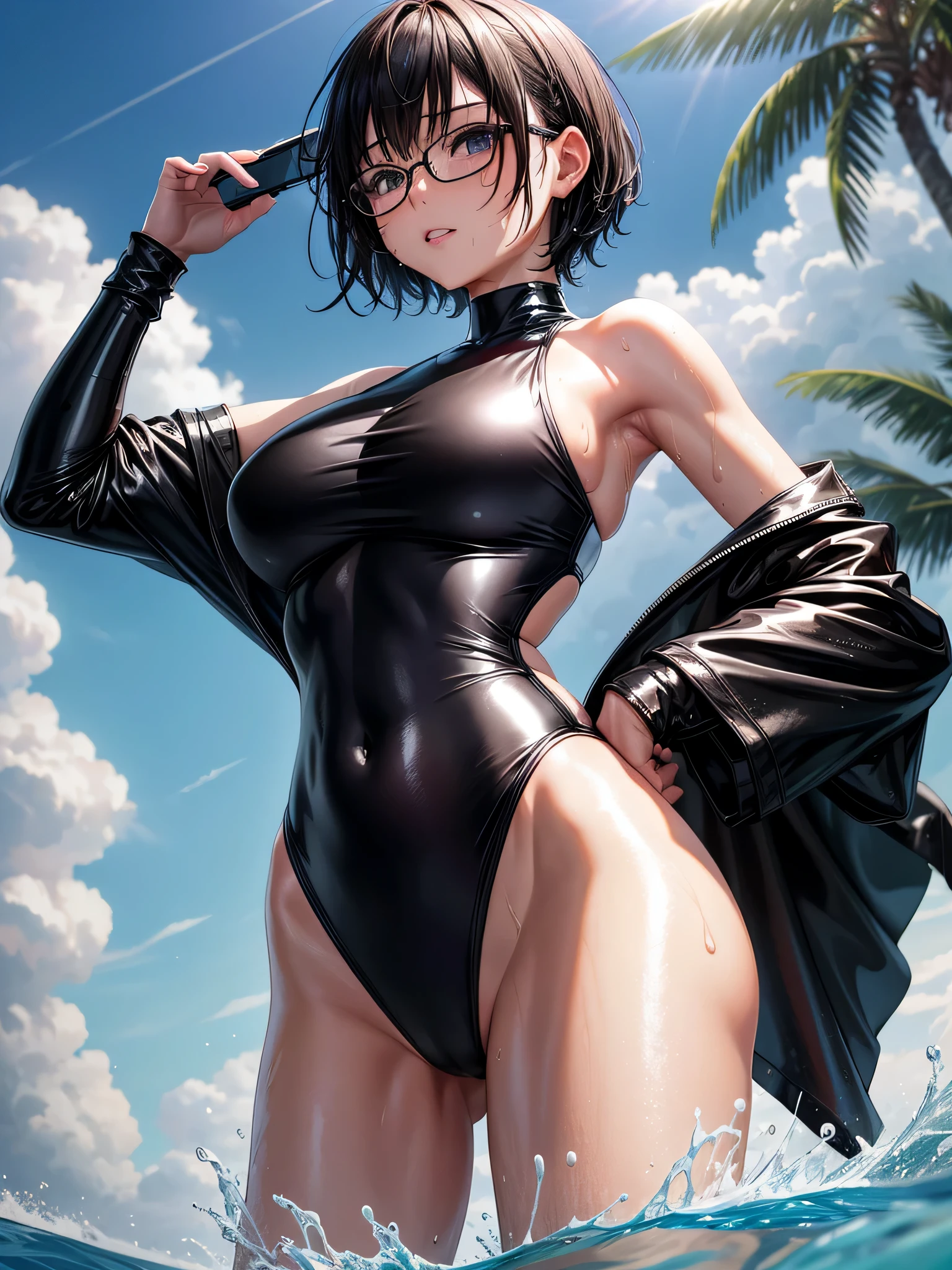 Top quality 8K UHD、Glasses、Wet latex swimsuit、Wet black metallic high neck swimsuit、Glasses、short hair、Glassesをかけた短髪の銀髪美女、crack your abs、sweaty、wet skin、angle from below, oily skin,