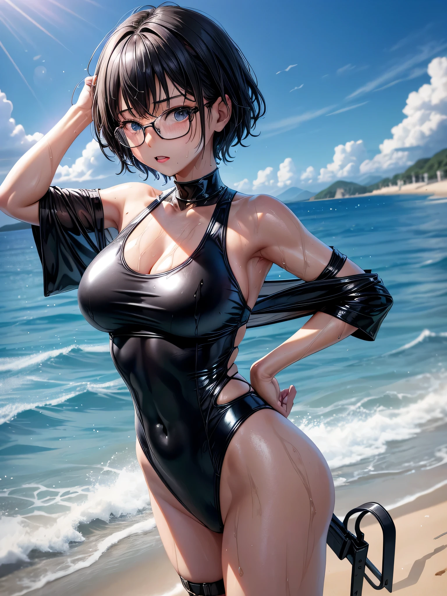 Top quality 8K UHD、Glasses、Wet latex swimsuit、Wet black metallic high neck swimsuit、Glasses、short hair、Glassesをかけた短髪の銀髪美女、torn ABS、sweaty、wet skin、angle from below、from the chest up、oily skin,