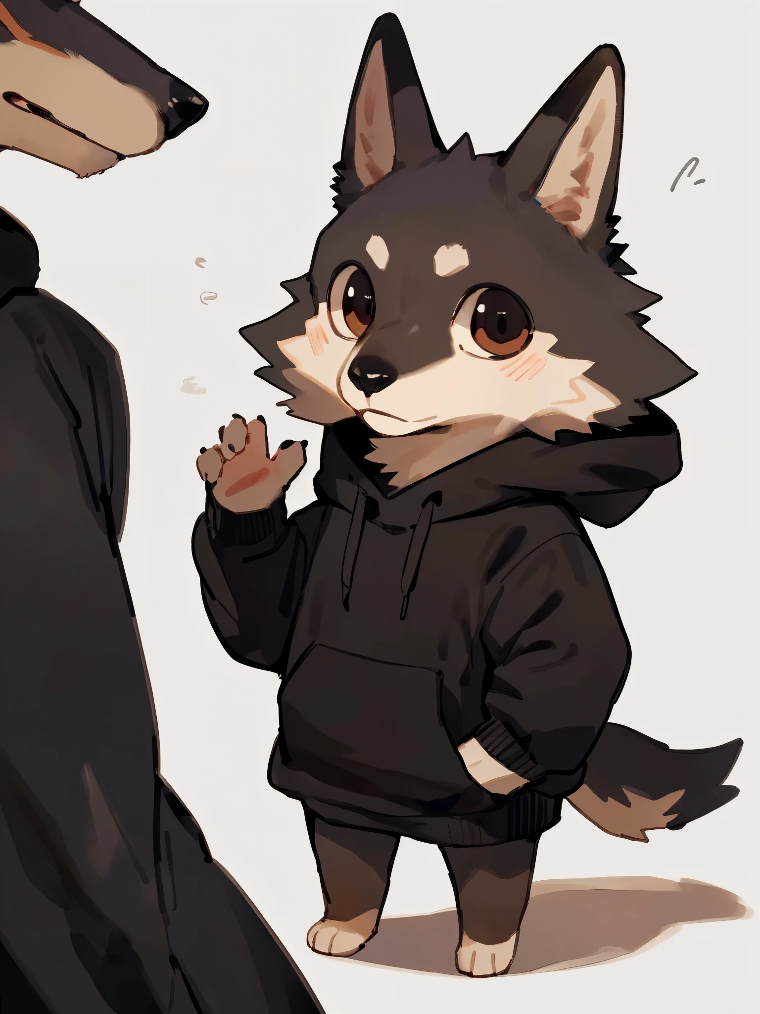 ((By Bebebebebe, by K0BIT0WANI, by Zackary911, detailed anatomy, detailed eyes, detailed body, detailed face, best quality, high resolution)), 1male, Wolf, black sweatshirt, dark brown furs, tail, skinny chub, dark brown eyes, young, in the white background, focus on face, chibi, icon