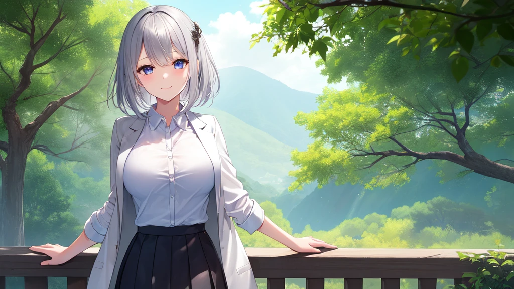 super high quality, girl, 20-year-old, とてもshort hair, long bangs between the eyes, very detailed,(masterpiece、highest quality)、alone、dark gray, silver hair, gray eyes, beautiful eyes,、short hair,blue sky , sunlight,fantastic scenery,smile、I can see your breasts、white coat、black skirt