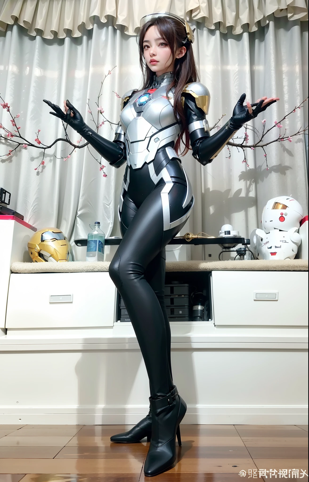 best quality,gold jewelry,Fairy skin,(Every time :1.2),Everlasting,super detailed,actual,high quality,film lighting,Ray tracing,ultra high definition,upper part of body, Future Iron Man mecha,Filming,tank battery,Launching equipment,Large-caliber artillery,Ros Tran 8K,mechatankcyberarmoredchariotgirl,Wearing a cyberpunk stamina helmet,Wearing a glowing space helmet,High-tech motorcycle helmet,There a breathing light on the body,The armor of the future shines,Armed electromagnetic gun,Mecha style,