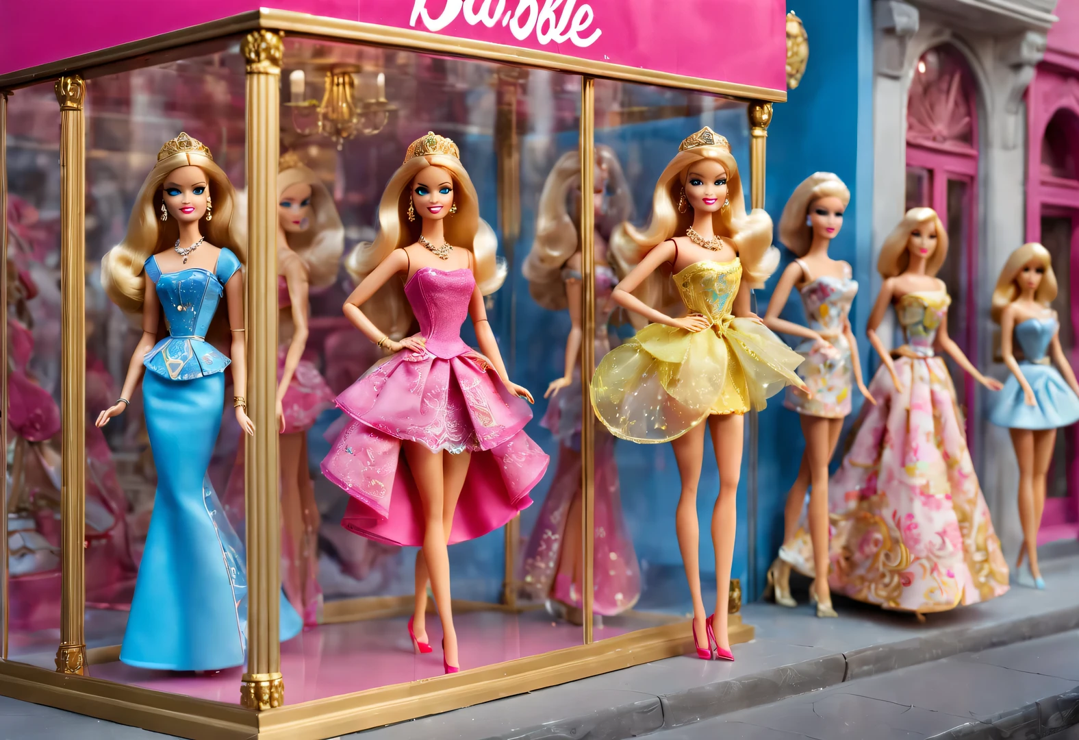The Barbie dolls in the street corner glass showcase are set in European classical red, pink, blue, and gold backgrounds. The showcase features retro carvings with delicate patterns, showcasing a variety of Barbie princess collections. Each doll  dressed in gorgeous and exquisite clothing, accompanied by exquisite jewelry and shoes, Barbie doll accessories, various clothing, shoes, jewelry, etc., with 3D rendering, cartoon style, and photography