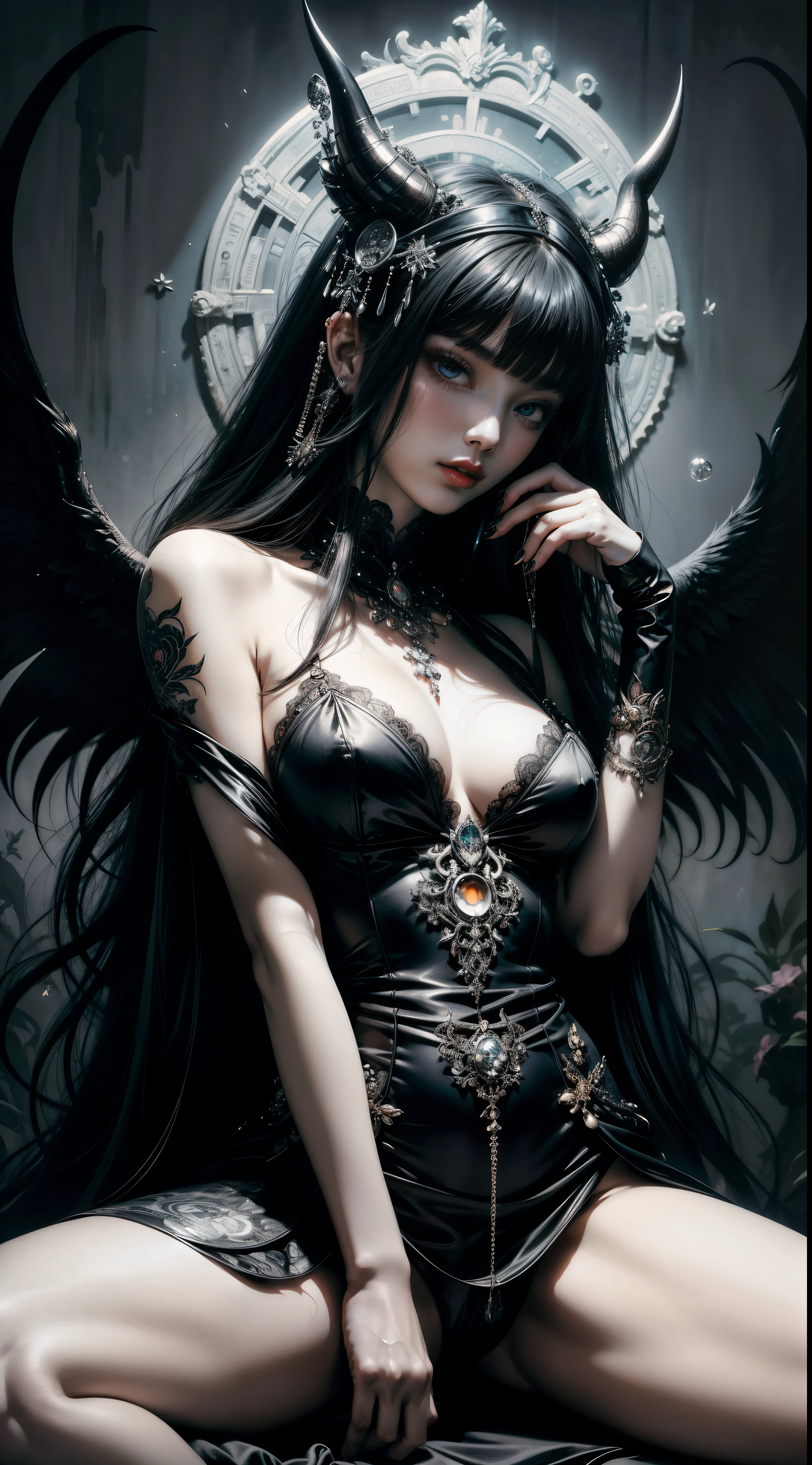 monochrome,b,NSFW,naked,A nude devil woman with a black and white body stocking dress holding a red lipstick,Satan,Succubus,blue eyes,detailed patterns for clothes,erotic pose,spread your legs,pussy,anal,Big breasts,詳細なゴシック様式のbackground,darkness、fantasy、background,inspired by robert mcginniss, inspired by Grete Stern, Takato Yamamoto&#39;s style, Guido Crepax, Guido Crepax-style, like, Vania Zuravlyov, Inspired by Leonor Fini, Shunari Nagao, Inspired by Takato Yamamoto.Inspired by Klimt and Mucha.

tag: beautiful and fine eyes, beautiful detailed lips, highly detailed eyes and face, long eyelashes, (highest quality:1.2), super detailed, (realistic:1.37), oil, Color Contrast, High resolution, black and white dress, red lipstick, Inspired by Robert McGinnis, Grete Stern style, Takato Yamamoto style, Guido Crepax style, like-inspired, Vania Zuravlyov-inspired, Inspired by Leonor Fini, Shunari Nagao-inspired, Inspired by Takashi Yamamoto, Bright colors, dramatic lighting, Impressive composition, interesting atmosphere, feminine elegance.