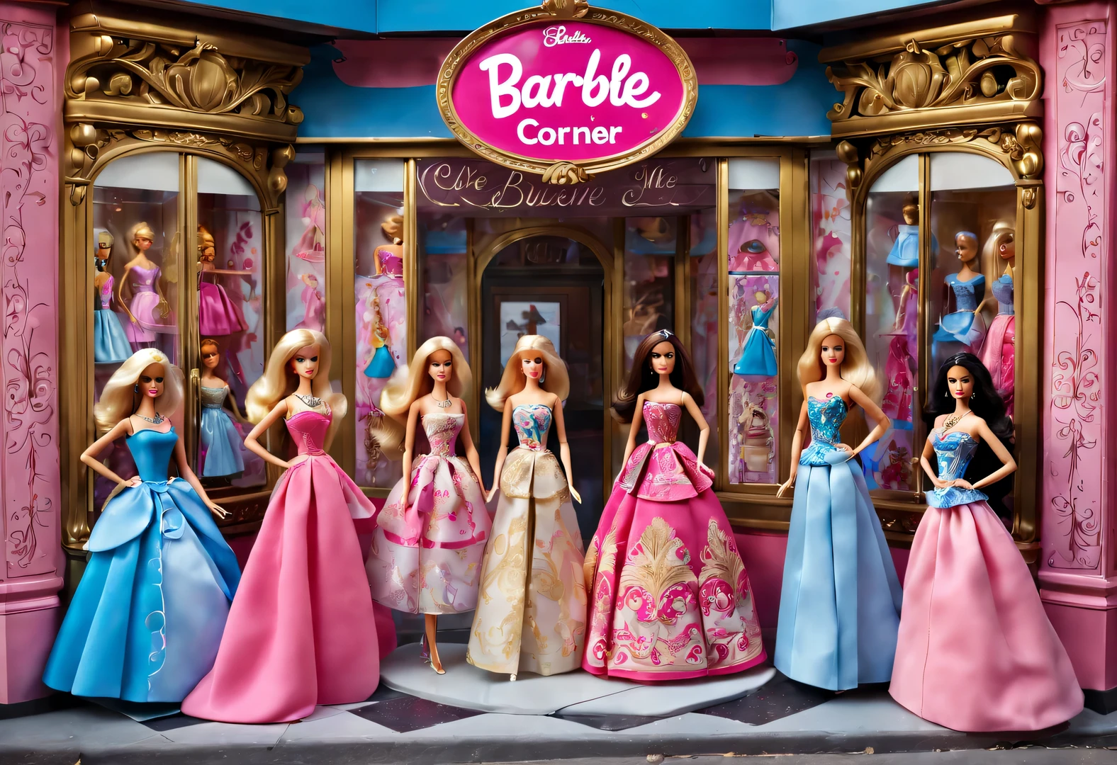 The Barbie dolls in the street corner glass showcase are set in European classical red, pink, blue, and gold backgrounds. The showcase features retro carvings with delicate patterns, showcasing a variety of Barbie princess collections. Each doll  dressed in gorgeous and exquisite clothing, accompanied by exquisite jewelry and shoes, Barbie doll accessories, various clothing, shoes, jewelry, etc., with 3D rendering, cartoon style, and photography