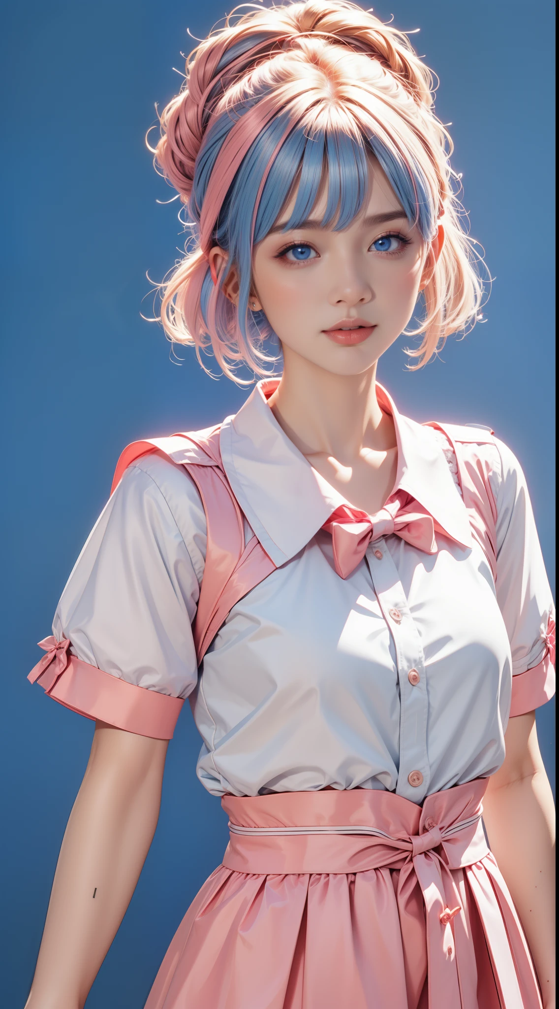 skistyle, 1girl, solo, pink hair, animal ears, blue eyes, wings, looking at viewer, mole, bangs, short hair, bow, sailor collar, background, white sailor collar, mole under mouth, hair bow, pink bow, closed mouth, shirt, white shirt, bear ears, bob cut, mini wings, grey background, portrait, detached wings, makeup, upper body, white background