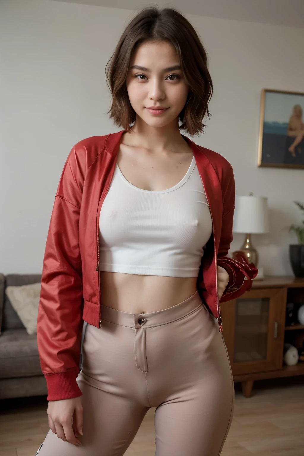 top-quality、masterpiece、超A high resolution、(realisitic:1.4)、Beautuful Women1、Beautiful detail eyes、smile、Light brown short-cut hair, She is Wearing a red shirt and long pants posing for a photo, gorgeous chinese model, photo of girl model, IG-Modell, beautiful female model, on the livingroom, shirt, red shirt, long pants, underwear, baseball jacket