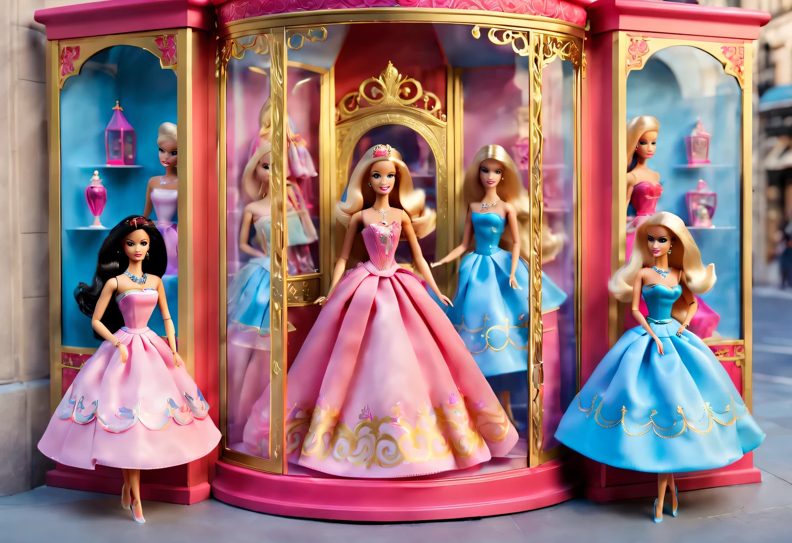 The Barbie dolls in the street corner glass showcase are set in European classical red, pink, blue, and gold backgrounds. The showcase features retro carvings with delicate patterns, showcasing a variety of Barbie princess collections. Each doll dressed in gorgeous and exquisite clothing, accompanied by exquisite jewelry and shoes, Barbie doll accessories, various clothing, shoes, jewelry, etc., with 3D rendering, cartoon style, and photography