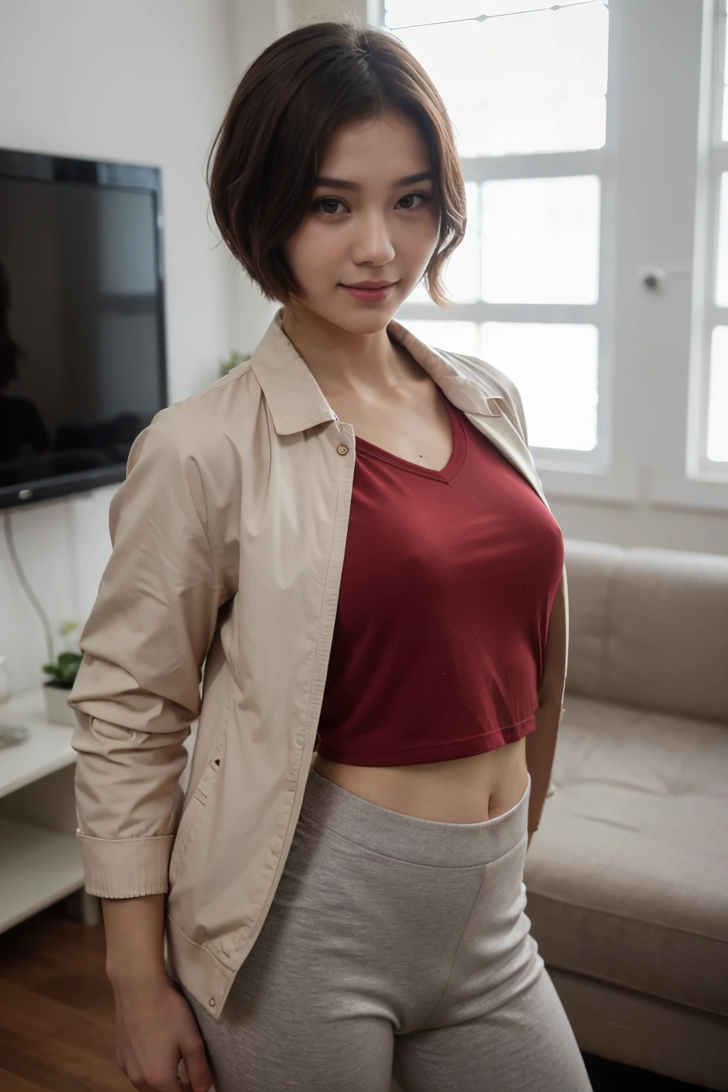 top-quality、​masterpiece、超A high resolution、(realisitic:1.4)、Beautuful Women１、Beautiful detail eyes、smile、Light brown short-cut hair, She is Wearing a red shirt and long pants posing for a photo, gorgeous chinese model, photo of girl model, IG-Modell, beautiful female model, on the livingroom, shirt, red shirt, long pants, underwear, baseball jacket