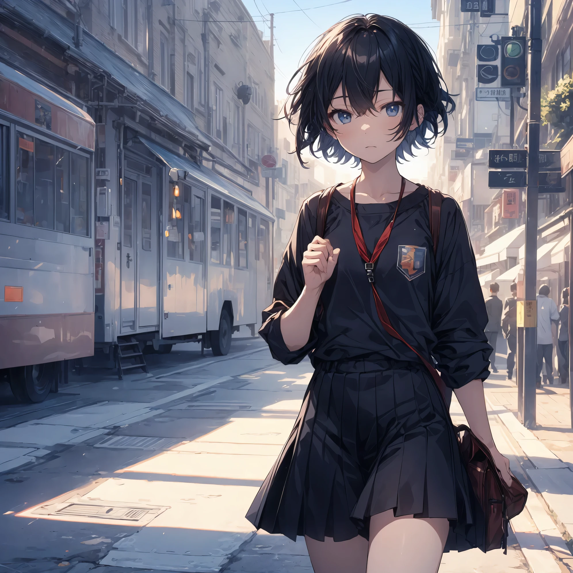 Super high quality by the art god, super detailed, High resolution, gwai's style, anime moe art style, best anime 8K konachan wallpaper, pixiv contest winner, perfect anatomy, break,(眠そうにalone学校へ行く女の子を描いてください. ),break, surreal high school girl, (alone,change,child,:1.3),All limbs, full finger,Middle school students, androgynous charm, (very, very short hair), messy hair, flat and soft chest, small ass, between legs, small eyes,beautiful detailed black eyes, Well-proportioned iris and pupils, disgusted eyes, High resolutionの詳細な髪, school uniform, skirt, On the way to school. break,super dense skin, Best lighting by famous artists, 8K, figure,