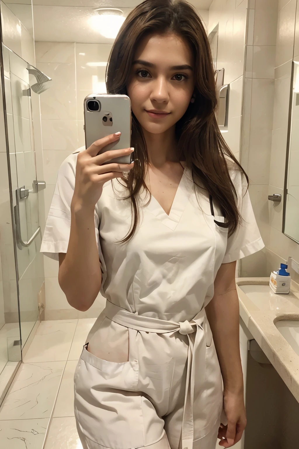 A Realistic Portrait, of a tall girl with brown eyes and Brown Hair style, 20 years old, Beautiful, detailed face, detailed eyes, (realistic skin:1.ale skin:1.1), (textured skin:1.3), ((wearing white nurse’s scrubs)), smile, ((mirror selfie)), ((holding her phone up in front of her)), (iphone photograph), ((bathroom)), (artificial lighting:1.3), looking at the camera, perfect slim body, Photography, Photorealistic, Detailed, analog, poor quality, grainy, mirror
