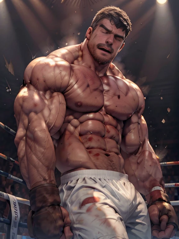 3D Photorealistic, Masterpiece realistic, best high quality, perfect details, RAW Photo, intricate details, nice lighting, 4K, detailed background, In the championship boxing match, A determined muscular boxing champion 45-year-old man, perfect wrinkle wearing pure white boxing trunk and red boxing gloves. wide abs (wide abs:1.4). His faces marked with grit and determination. Crowded audiences and nice lighting, nice face lighting, serving a boxing battleground. The banner signs overhead cast a surreal, flickering glow, adding to the atmosphere of raw energy. He looks firm in powerful boxing stances, as ready to start the fight in a next second. Unnoticed by the world beyond. It's a fight born of pride, rivalry, or perhaps a deeper conflict and pride, and it rages on with an intensity that can only be found in the unforgiving boxing stadium of the city. Intricate details, details of physic muscle, perfect body anatomy, perfect hand anatomy. hot beard, (look at viewer:1.6), (straight face:1.2), view from bottom (view from bottom:1.3), mouth open (mouth open:1.2), exhausted (exhausted:1.9), bruise (bruises:1.9), shirtless (shirtless:1.9), bodily fluid (bodily fluid:1.8), bodily fluid (bodily fluid:1.8), bloody body (bloody body:1.9), bruised body (bruised body:1.99), bruised abs (bruised abs:1.99), bloody abs (bloody abs:1.9), nose bleeding (nose bleeding:1.8), mouth bleeding (mouth bleeding:1.7)