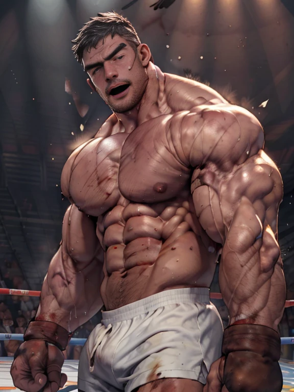 3D Photorealistic, Masterpiece realistic, best high quality, perfect details, RAW Photo, intricate details, nice lighting, 4K, detailed background, In the championship boxing match, A determined muscular boxing champion 45-year-old man, perfect wrinkle wearing pure white boxing trunk and red boxing gloves. wide abs (wide abs:1.4). His faces marked with grit and determination. Crowded audiences and nice lighting, nice face lighting, serving a boxing battleground. The banner signs overhead cast a surreal, flickering glow, adding to the atmosphere of raw energy. He looks firm in powerful boxing stances, as ready to start the fight in a next second. Unnoticed by the world beyond. It's a fight born of pride, rivalry, or perhaps a deeper conflict and pride, and it rages on with an intensity that can only be found in the unforgiving boxing stadium of the city. Intricate details, details of physic muscle, perfect body anatomy, perfect hand anatomy. hot beard, (look at viewer:1.6), (straight face:1.2), view from bottom (view from bottom:1.3), mouth open (mouth open:1.2), exhausted (exhausted:1.9), bruise (bruises:1.9), shirtless (shirtless:1.9), bodily fluid (bodily fluid:1.8), bodily fluid (bodily fluid:1.8), bloody body (bloody body:1.9), bruised body (bruised body:1.99), bruised abs (bruised abs:1.99), bloody abs (bloody abs:1.9), nose bleeding (nose bleeding:1.8), mouth bleeding (mouth bleeding:1.7)