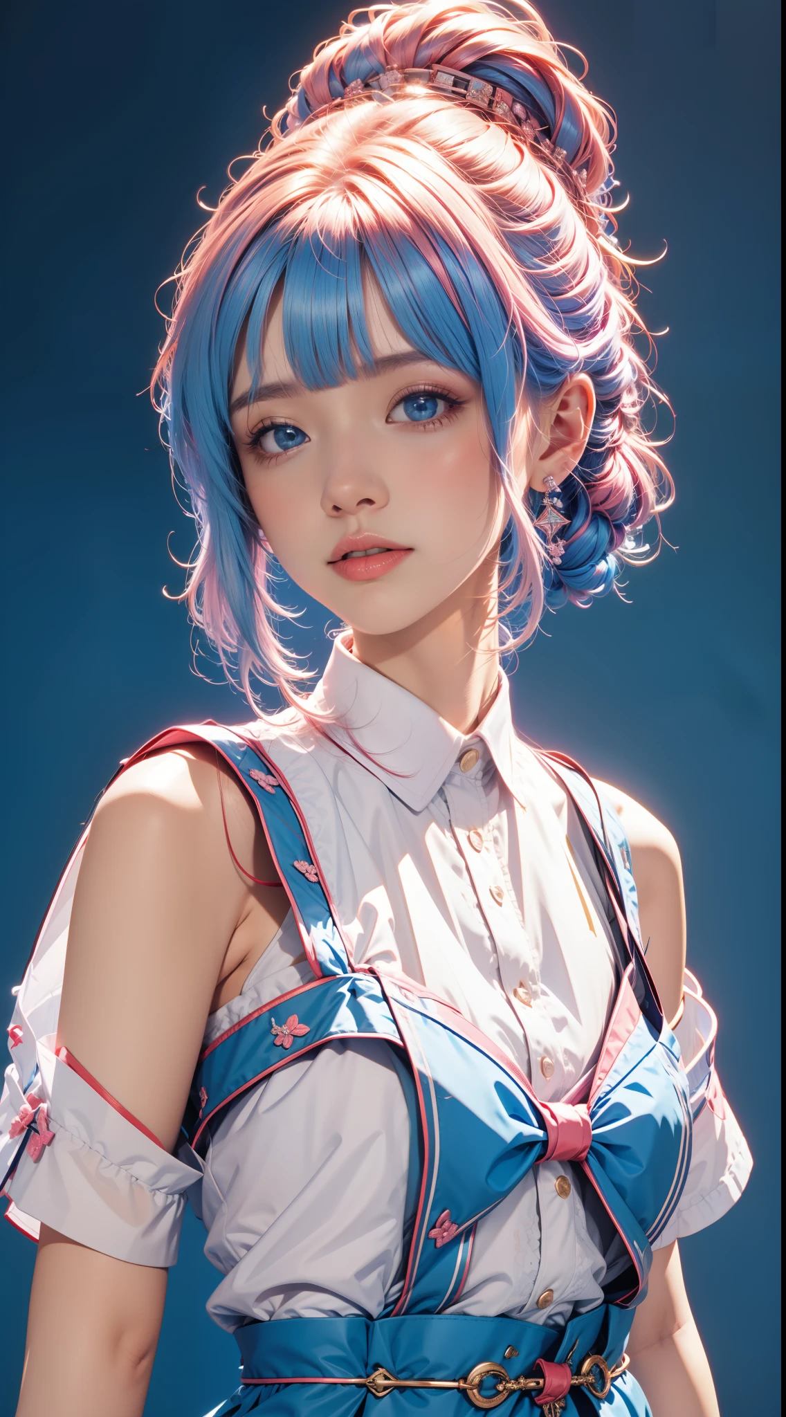 skistyle, 1girl, solo, pink hair, animal ears, blue eyes, wings, looking at viewer, mole, bangs, short hair, bow, sailor collar, background, white sailor collar, mole under mouth, hair bow, pink bow, closed mouth, shirt, white shirt, bear ears, bob cut, mini wings, grey background, portrait, detached wings, makeup, upper body, white background