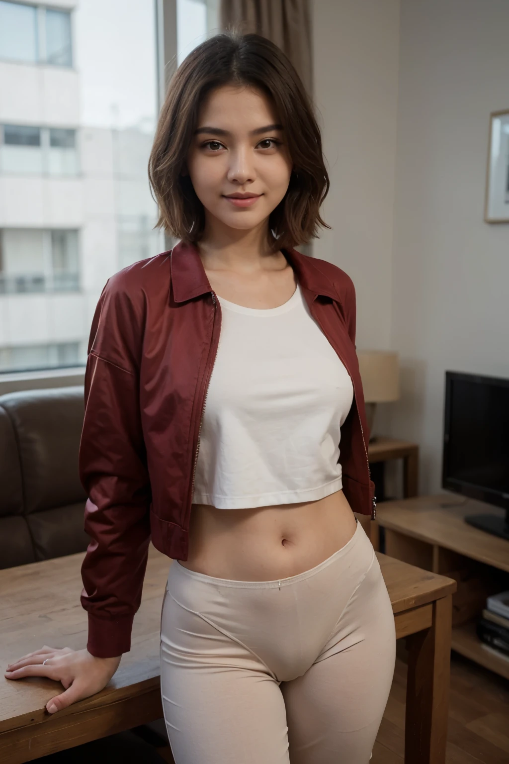 top-quality、​masterpiece、超A high resolution、(realisitic:1.4)、Beautuful Women１、Beautiful detail eyes、smile、Light brown short-cut hair, She is Wearing a shirt and long pants posing for a photo, gorgeous chinese model, photo of girl model, IG-Modell, beautiful female model, on the livingroom, shirt, red shirt, long pants, underwear, baseball jacket