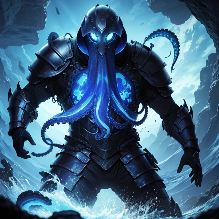 A blue octopus with a detached head attached to his body, and with a coat of armor