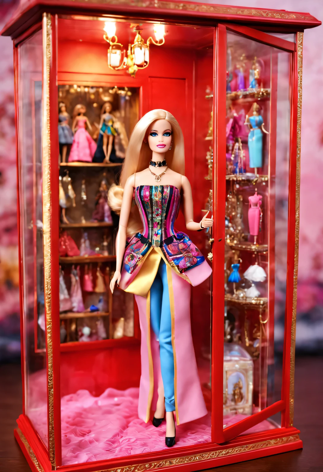 Barbie doll in a street corner glass display case in European classic red、Pink、blue and gold background as background,Extraordinarily beautiful and super clear face,big eyeusic box,jewelry,Showcases feature vintage engravings with intricate patterns,Showcasing various Barbie Princess collections。Each doll dressed in gorgeous and exquisite clothing,配上精美的珠宝和shoe,barbie accessories,Various clothing、shoe、Jewelry etc.,Paired with 3D rendering、style、photography,