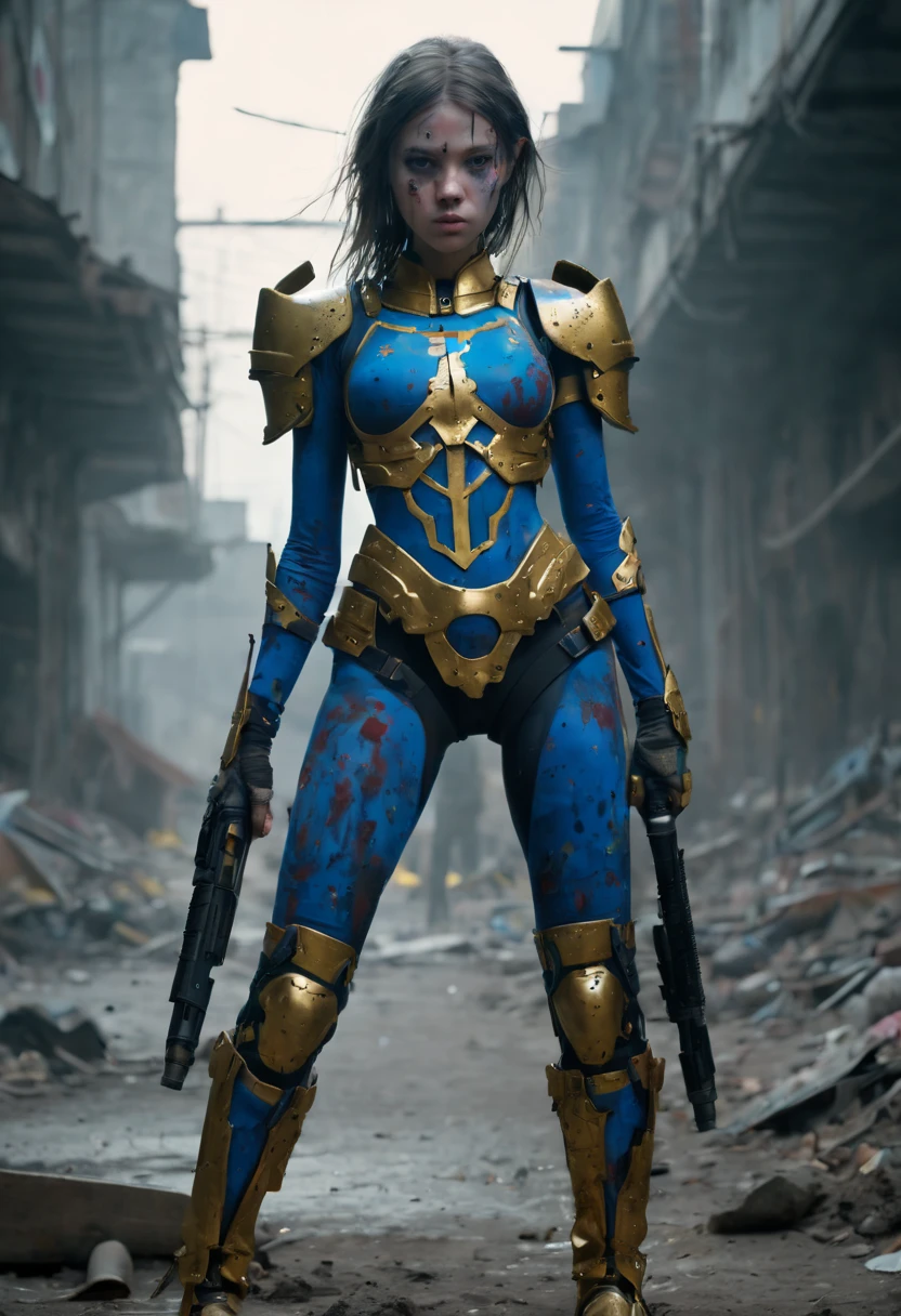 Beautiful hyperrealistic photograph of a perfect likeness of VaultGirl at the front line of the battle against the mutant monsters that evolved after the nuclear and biological apocalypse. Beautiful hyperrealistic photograph of a perfect likeness of SandraOv4 with Runic tattoos, 13 years old girl, SLIM, old petite, long legs short torso type body, ((dirty face Blood splattered)), (((wearing full heavy Vaultgirl vaultsuit blue and gold armor, combat harness, Neon highlights))) with Runic tattoos, 13 years old, ((dirty face Blood splattered)), (((wearing full heavy Vaultgirl vaultsuit blue and gold armor, combat harness, Neon highlights))). She is firing her weapon at a deformed decayed filthy mutant close beside her who is in a threatening pose. Sci fi move scene. Realistic faces. Can see SandraOv4's face clearly. This is a close up scene.