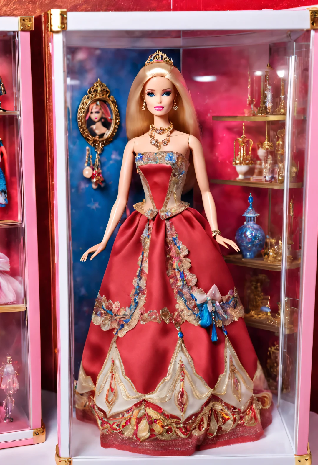 Barbie doll in a street corner glass display case in European classic red、Pink、blue and gold background as background,Extraordinarily beautiful and super clear face,big eyeusic box,jewelry,Showcases feature vintage engravings with intricate patterns,Showcasing various Barbie Princess collections。Each doll dressed in gorgeous and exquisite clothing,配上精美的珠宝和shoe,barbie accessories,Various clothing、shoe、Jewelry etc.,Paired with 3D rendering、style、photography,