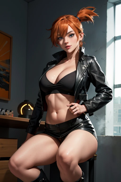 Pose de modelo sexy, obra de arte, melhor qualidade, high resolution, 1 garota, (Pokémon), cabelo laranja, Sozinho, rabo de cavalo lateral, Athletic body, cabelo laranja, barriga, black shirt, cleavage, leather jacket, open jacket, leather skirt, knee-high black leather boots, umbigo, cabelo curto, sorriso, seios grandes, perfect detailed hands, tiro de corpo inteiro, cidade, high resolution, very high resolution, 1080P, 4k, 8k, 16k, muito detalhado, realista, 8k, Cinema 4D, Arte extremamente detalhado, Arte Digital 4K